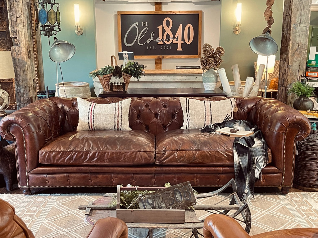 Restoration Hardware 9ft Kensington Leather Sofa - Brompton Cocoa Luxe – Furniture by The Olde 1840