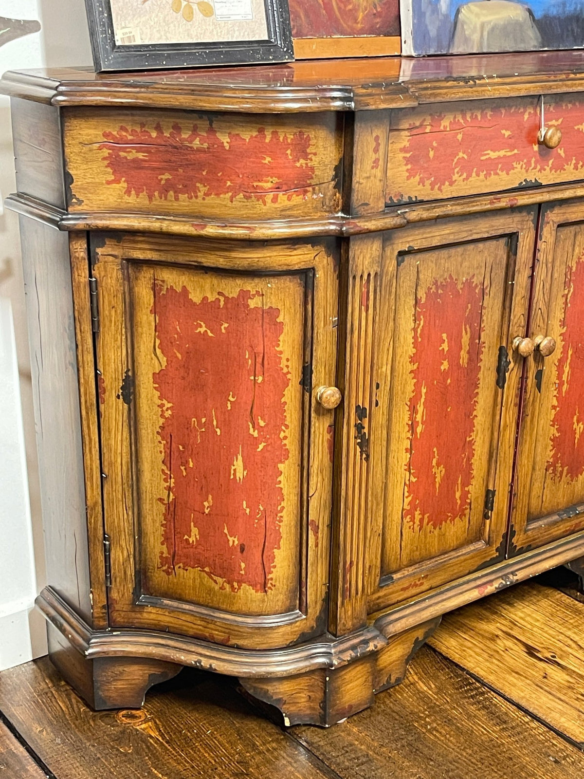 Rustic Distressed 4ft Sideboard Buffet with Fixed Shelves | 33"H x 15"D Curved Country Console – Furniture by The Olde 1840