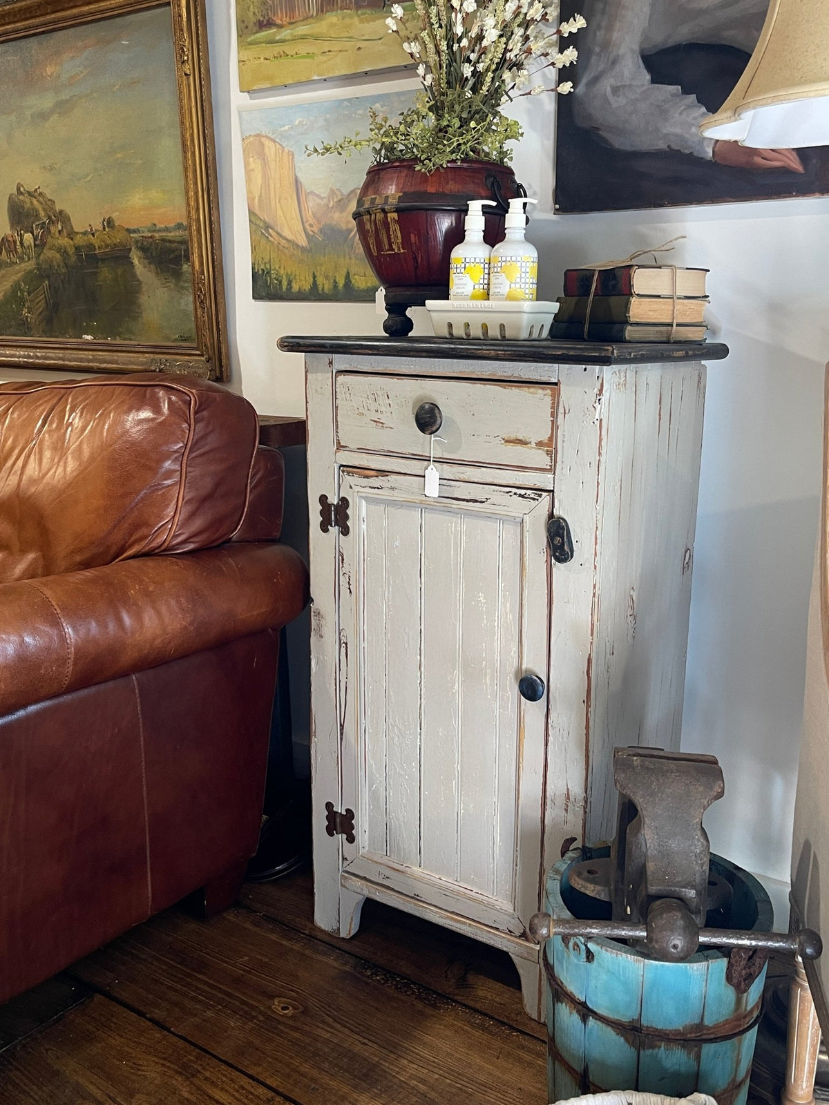 Rustic Farmhouse Hand-Painted Cabinet with Wood Twist Lock – Furniture by The Olde 1840