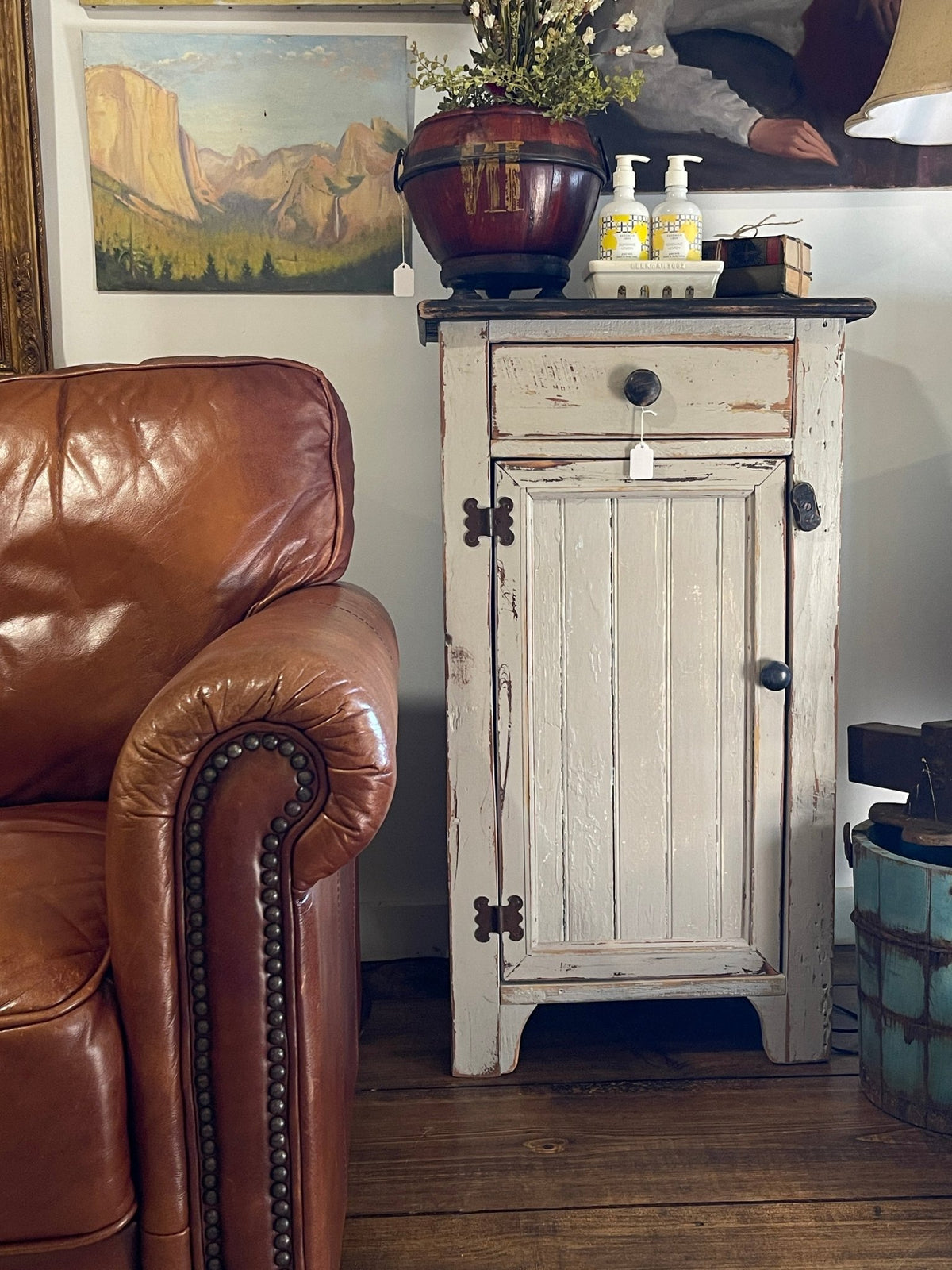 Rustic Farmhouse Hand-Painted Cabinet with Wood Twist Lock – Furniture by The Olde 1840