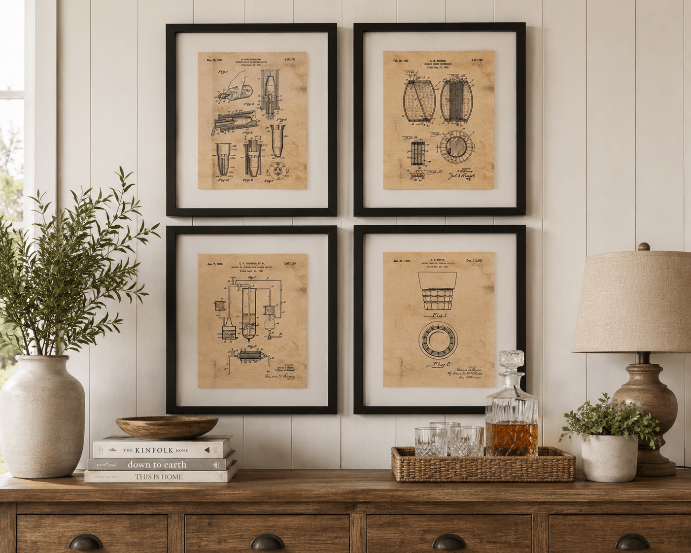 Set of 4 Framed Whiskey Patent Prints – Vintage Inspired Bar & Farmhouse Wall Décor – Artwork by The Olde 1840