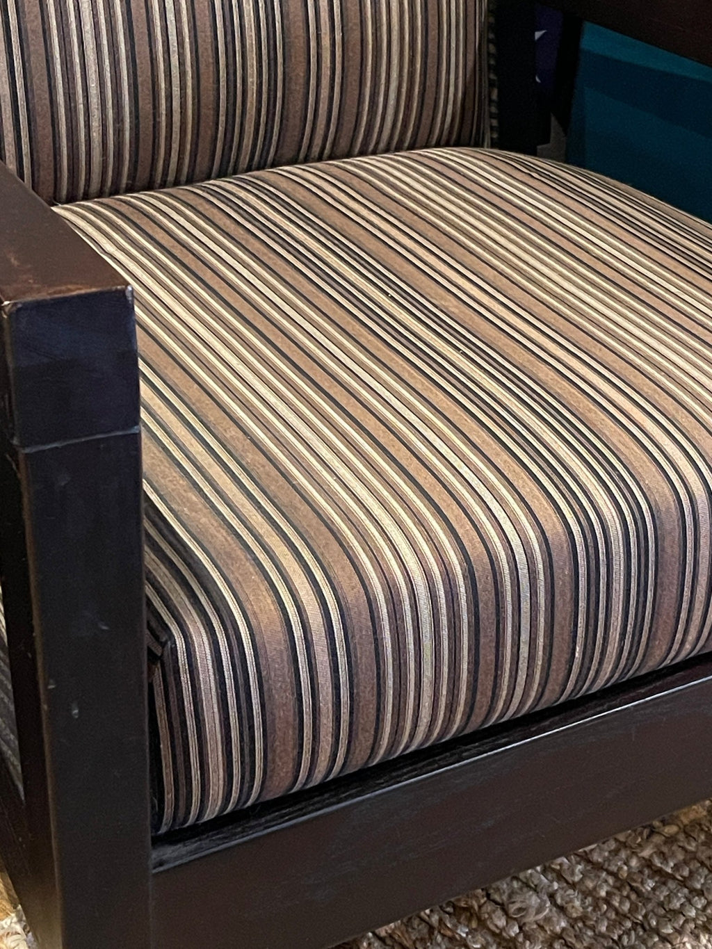 Striped Upholstered Armchair with Dark Wood Frame – Chairs by The Olde 1840