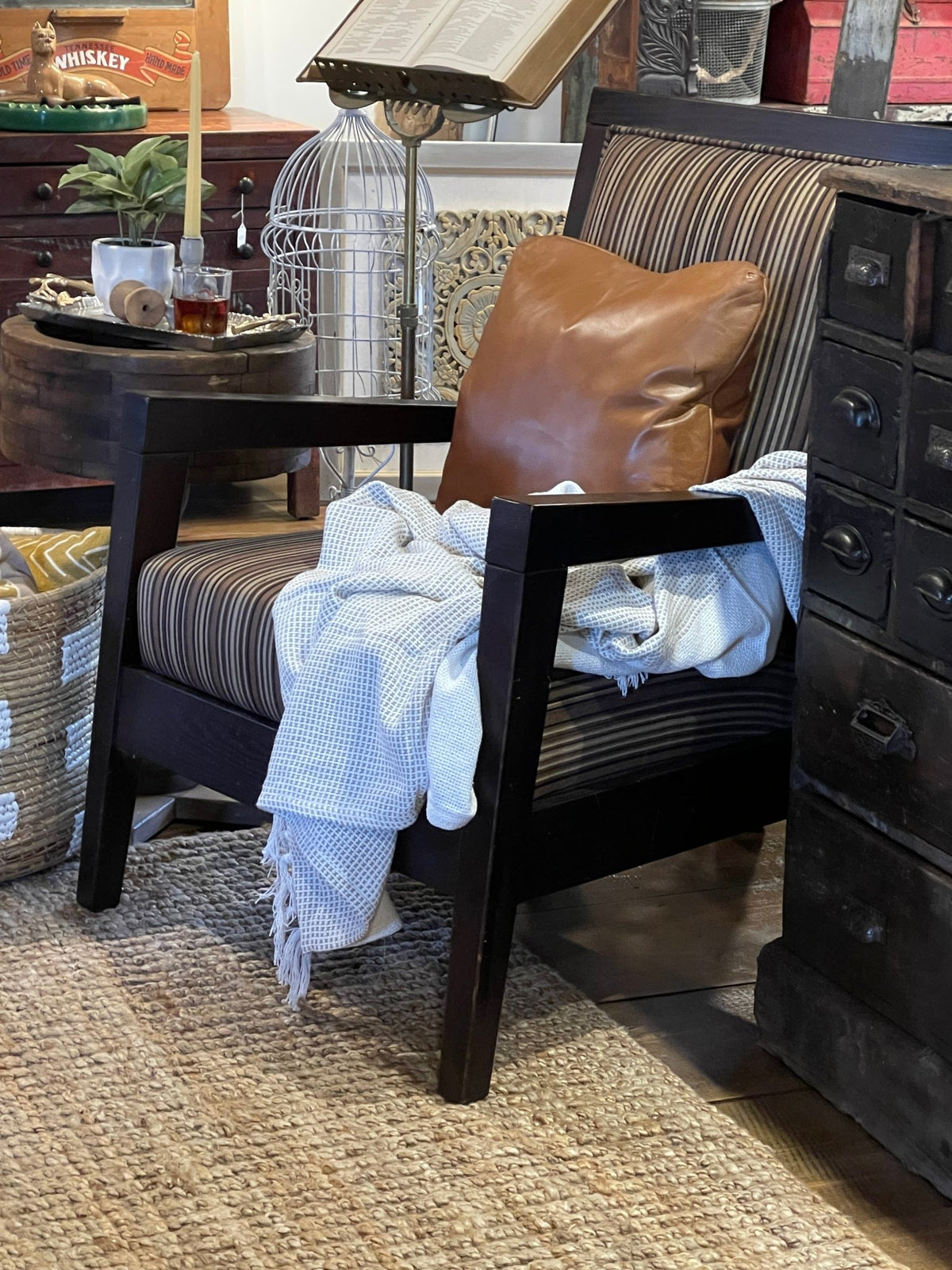 Striped Upholstered Armchair with Dark Wood Frame – Chairs by The Olde 1840