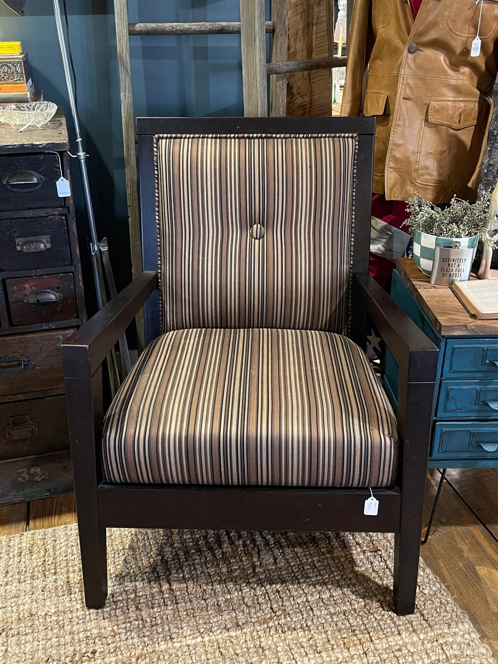 Striped Upholstered Armchair with Dark Wood Frame – Chairs by The Olde 1840