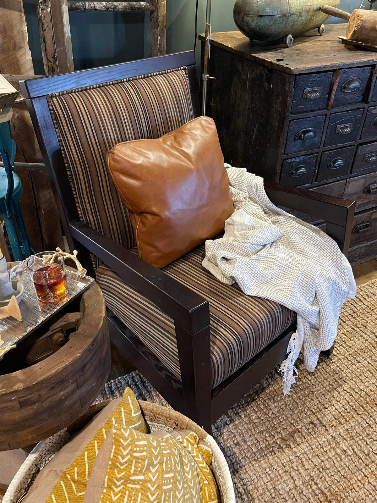 Striped Upholstered Armchair with Dark Wood Frame – Chairs by The Olde 1840