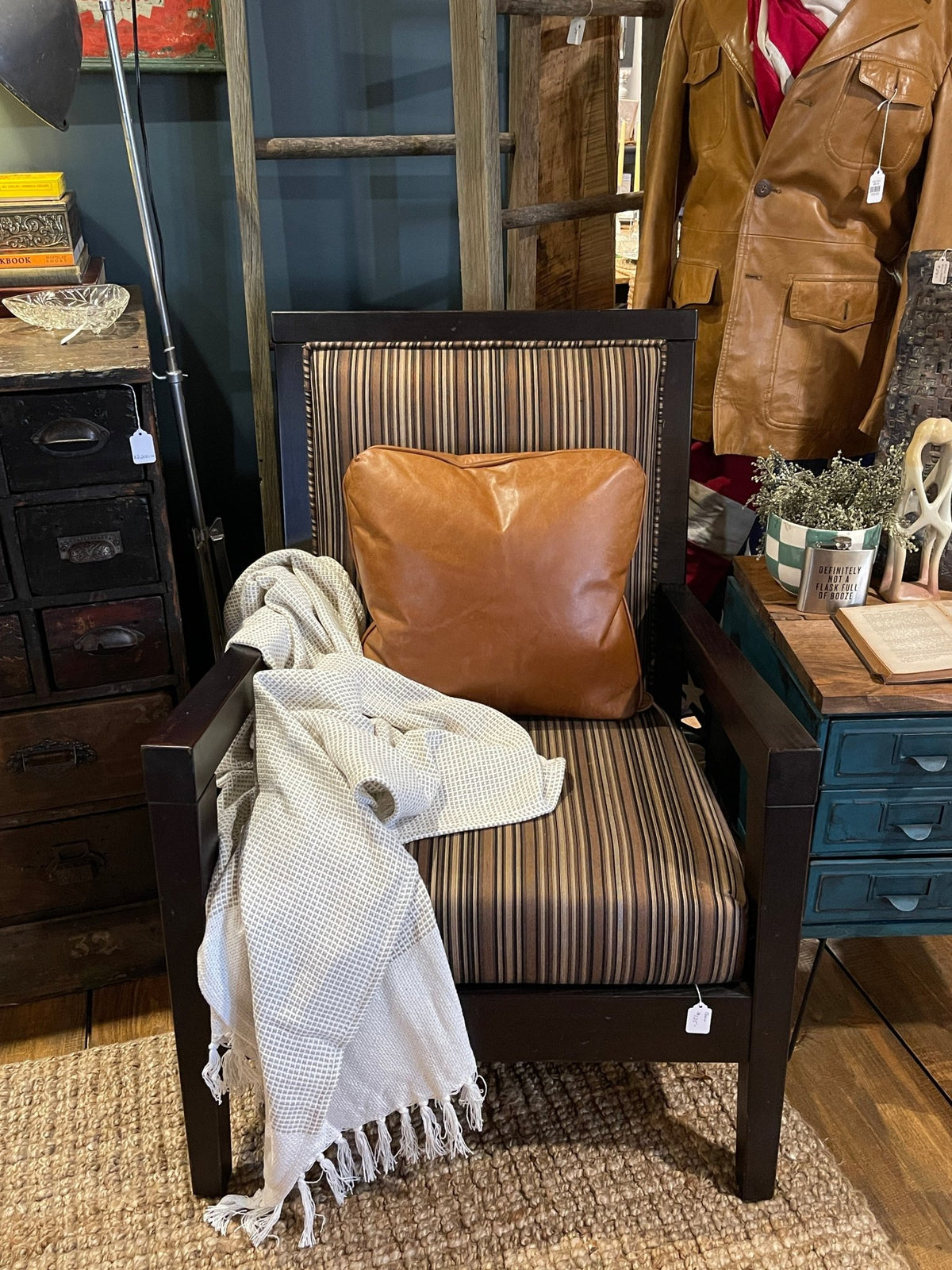 Striped Upholstered Armchair with Dark Wood Frame – Chairs by The Olde 1840