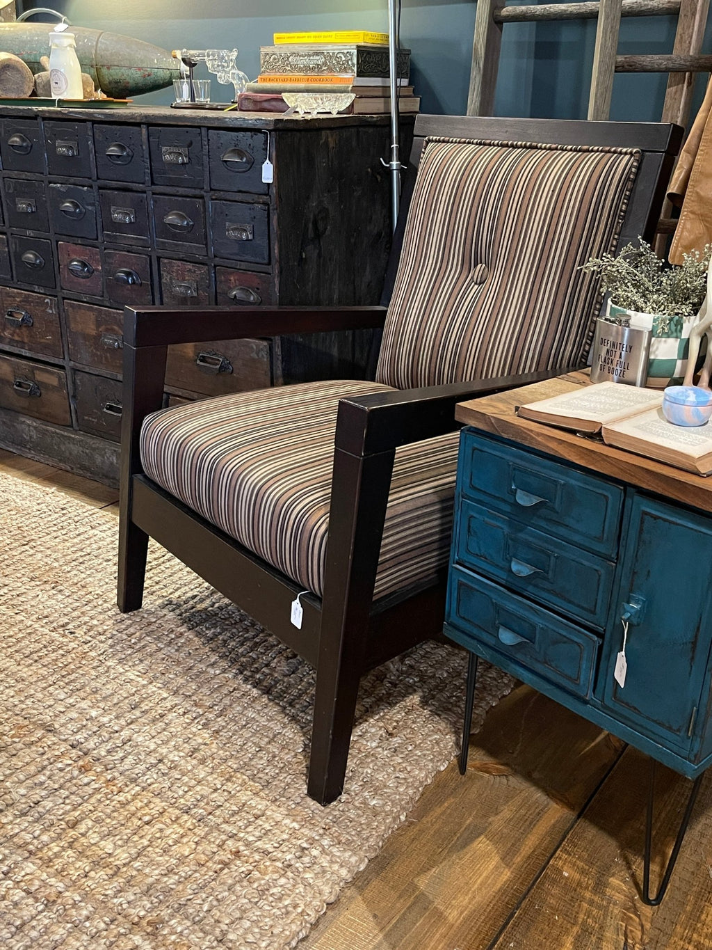 Striped Upholstered Armchair with Dark Wood Frame – Chairs by The Olde 1840