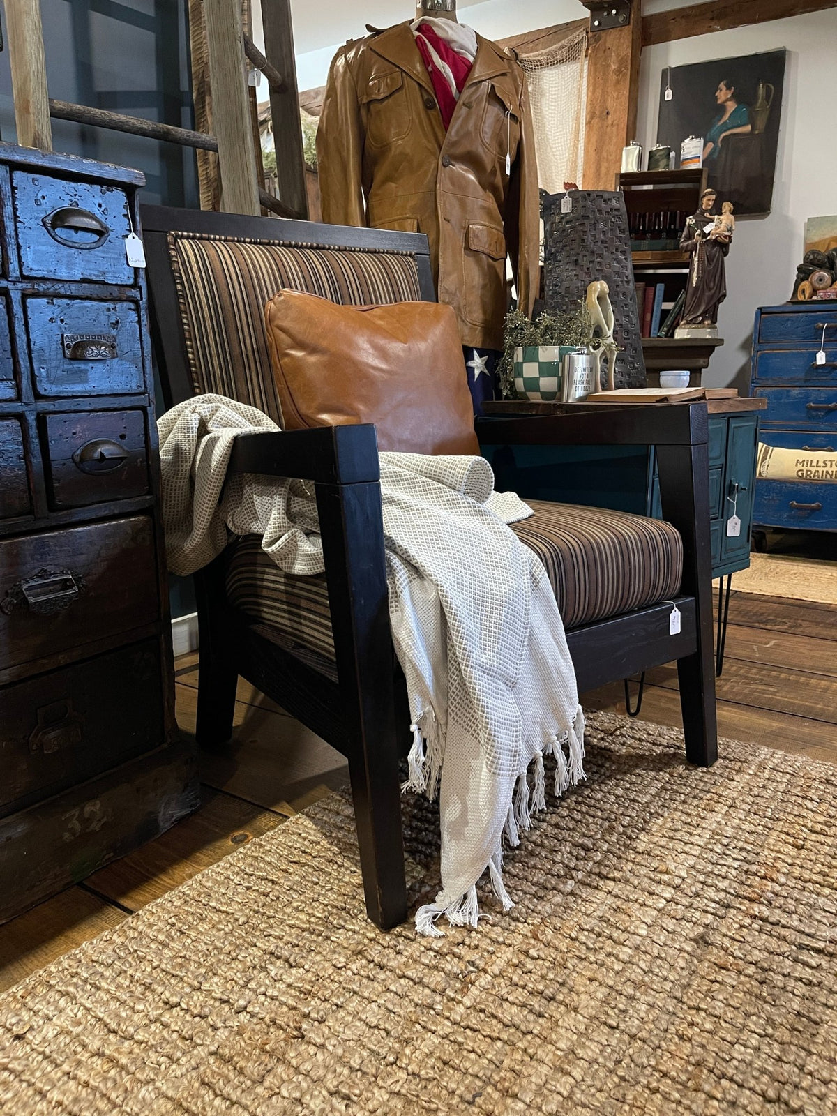 Striped Upholstered Armchair with Dark Wood Frame – Chairs by The Olde 1840
