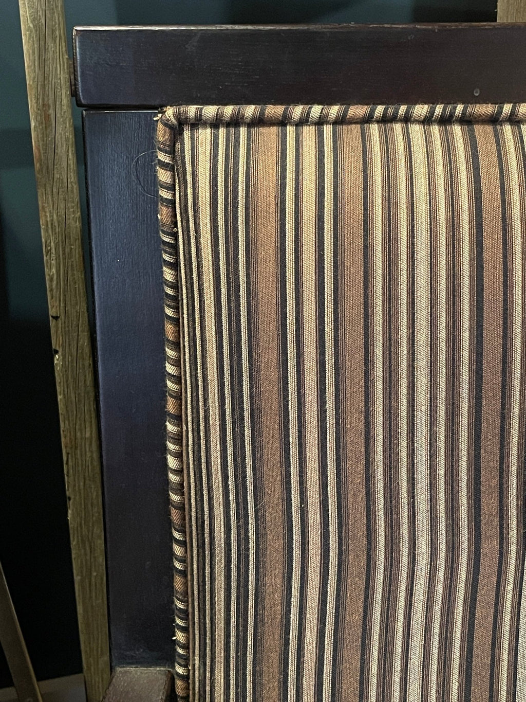 Striped Upholstered Armchair with Dark Wood Frame – Chairs by The Olde 1840
