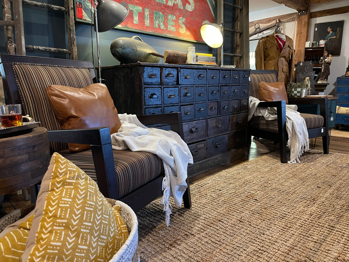 Striped Upholstered Armchair with Dark Wood Frame – Chairs by The Olde 1840