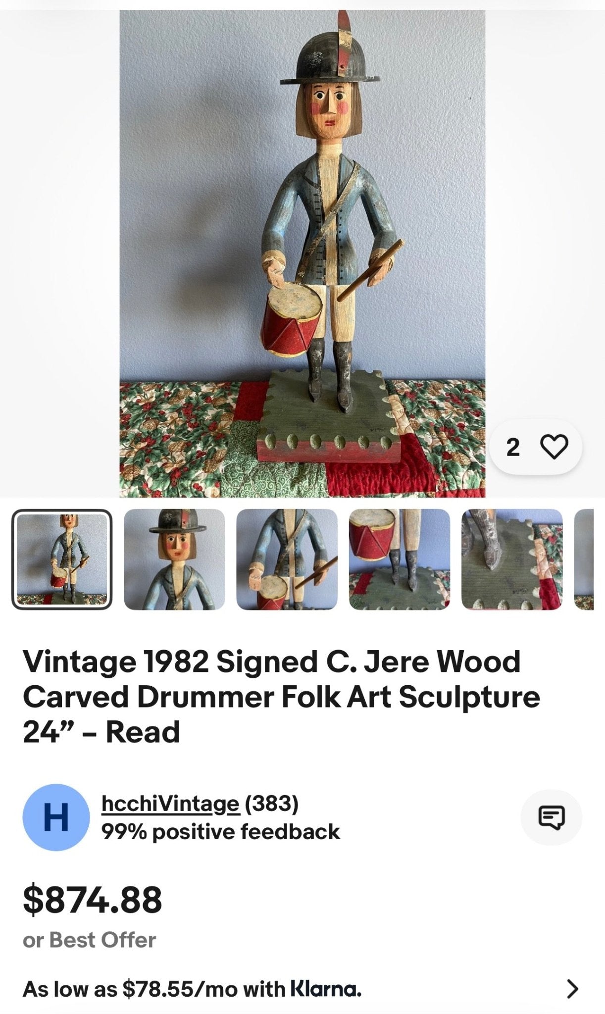 Vintage 1982 Signed C. Jere Wood Carved Drummer Folk Art Sculpture 24” – Decor by The Olde 1840