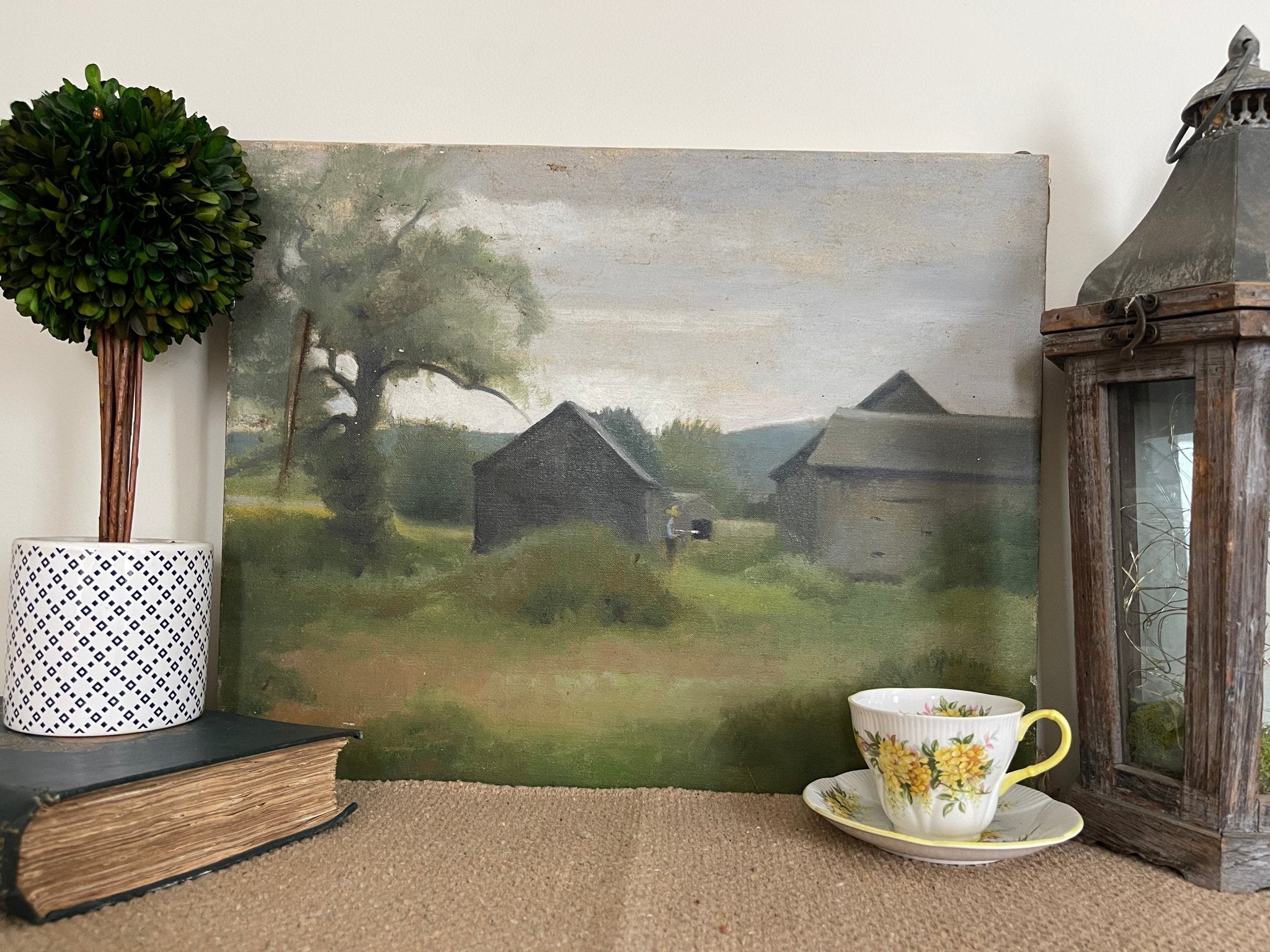 Vintage American Farmhouse Landscape Oil Painting on Canvas – Two Barns, Green Fields, Moody Tonalist Wall Art – Wall Décor by The Olde 1840