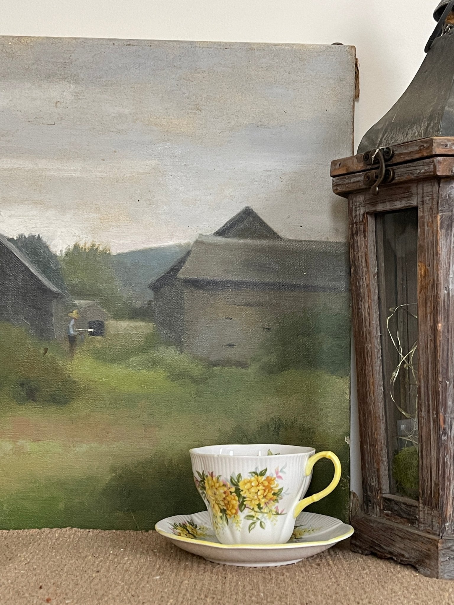 Vintage American Farmhouse Landscape Oil Painting on Canvas – Two Barns, Green Fields, Moody Tonalist Wall Art – Wall Décor by The Olde 1840