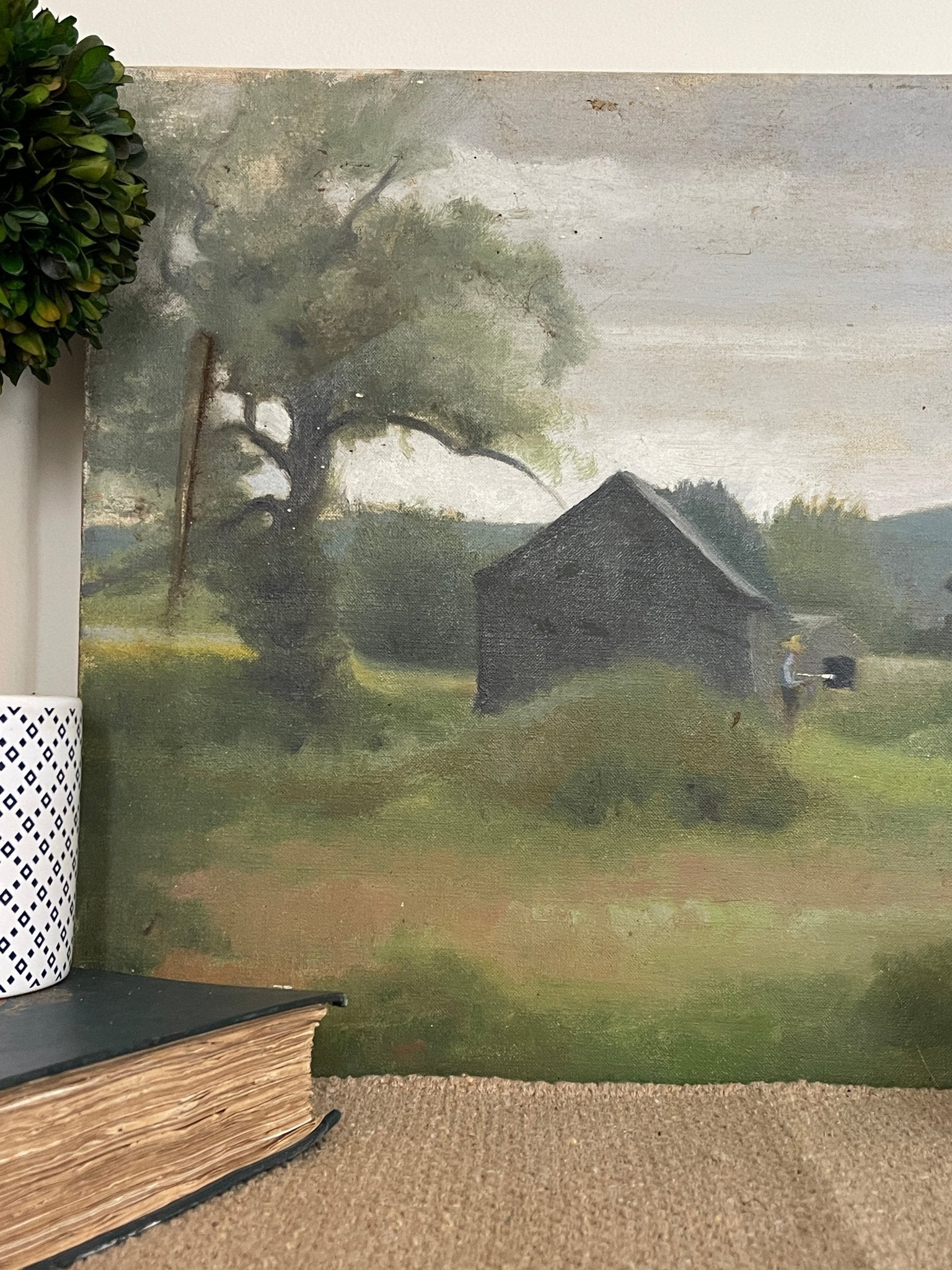Vintage American Farmhouse Landscape Oil Painting on Canvas – Two Barns, Green Fields, Moody Tonalist Wall Art – Wall Décor by The Olde 1840