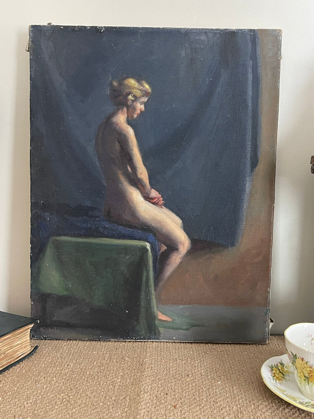 Vintage Anne Nichols Oil on Canvas, Seated Nude Figure Study, 14"x18" – Wall Décor by The Olde 1840