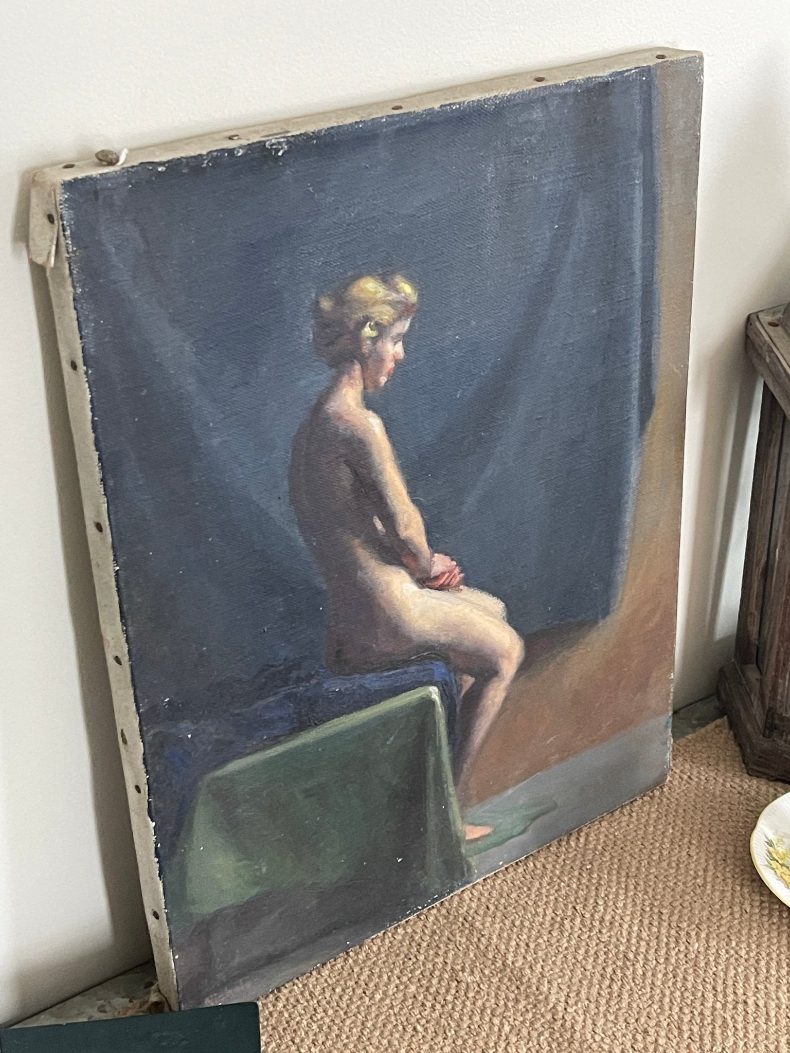 Vintage Anne Nichols Oil on Canvas, Seated Nude Figure Study, 14"x18" – Wall Décor by The Olde 1840