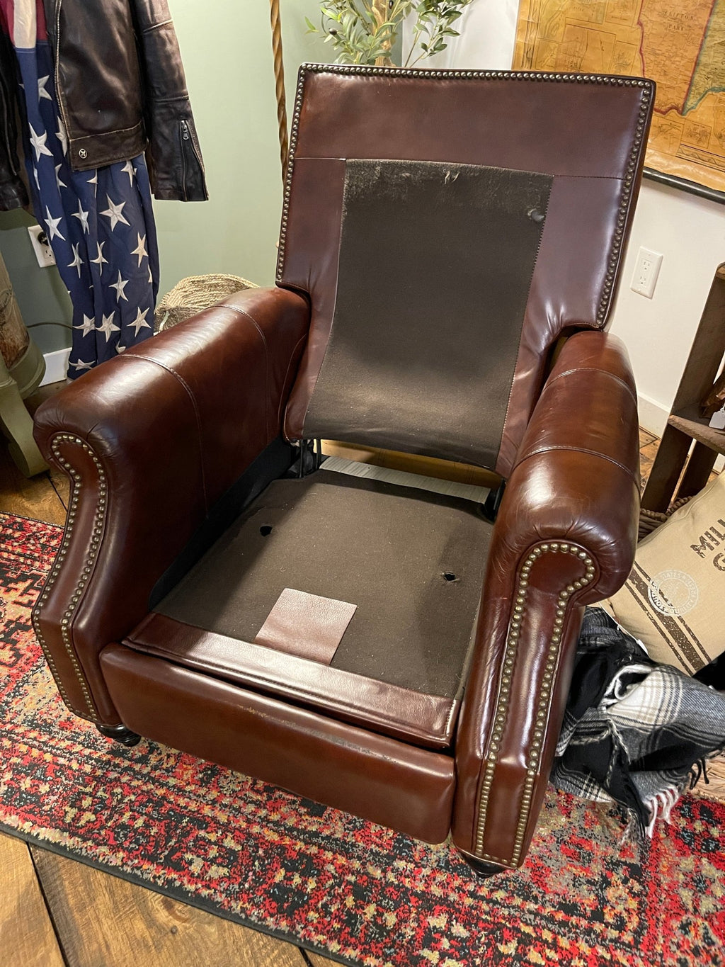 Vintage Brown Leather Recliner Chair with Nailhead Trim – Furniture by The Olde 1840