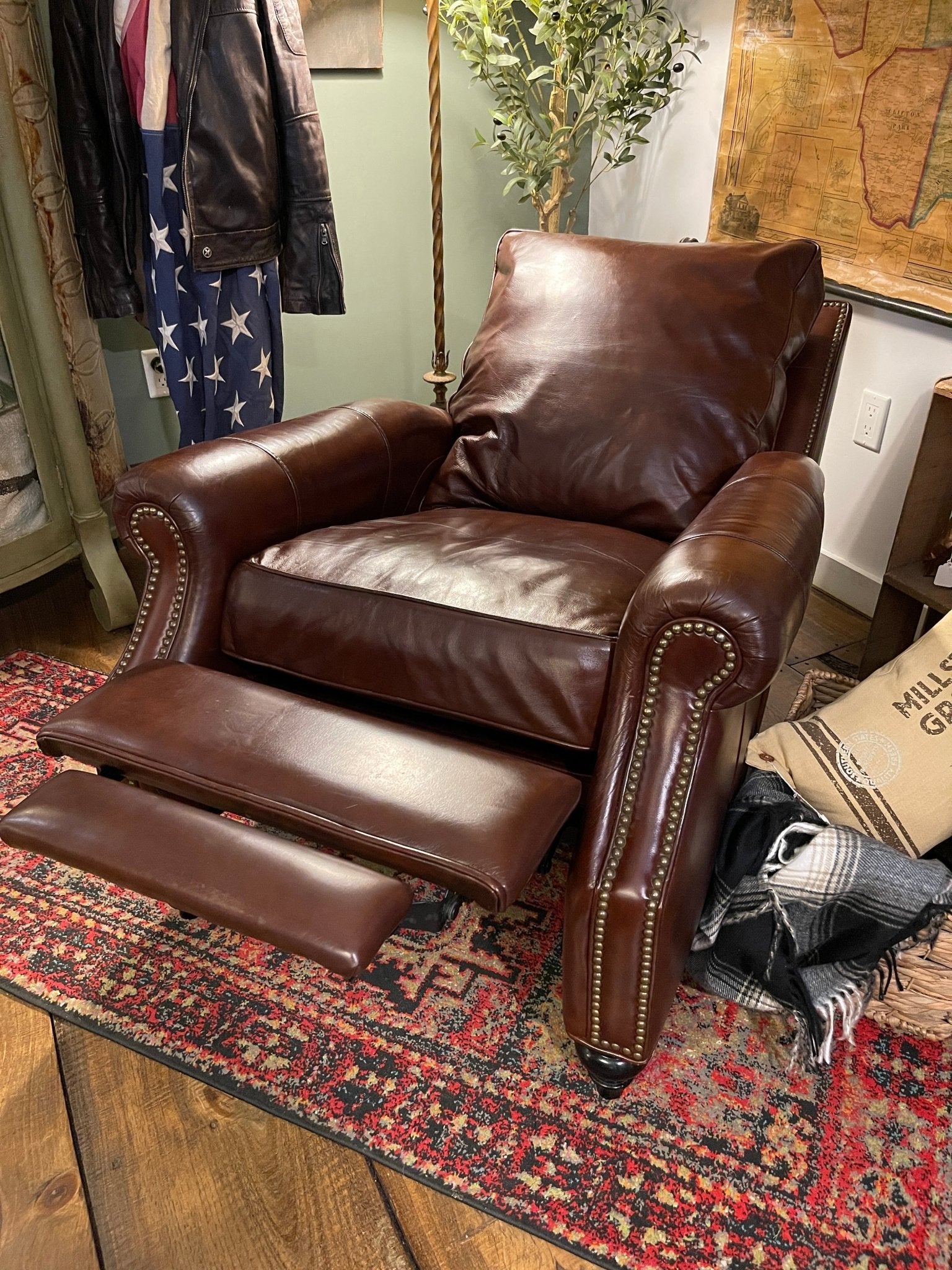 Vintage Brown Leather Recliner Chair with Nailhead Trim – Furniture by The Olde 1840