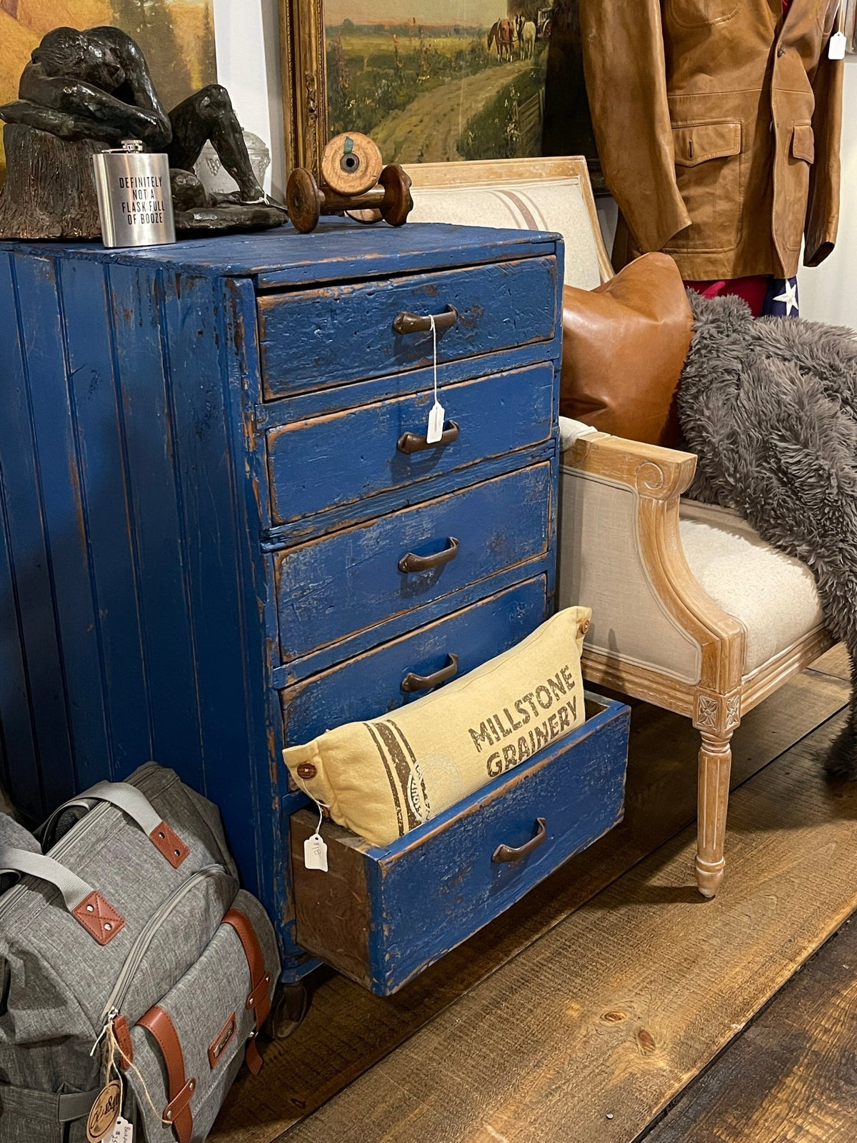 Vintage Distressed Blue 5-Drawer Apothecary Cabinet on Casters – Furniture by The Olde 1840