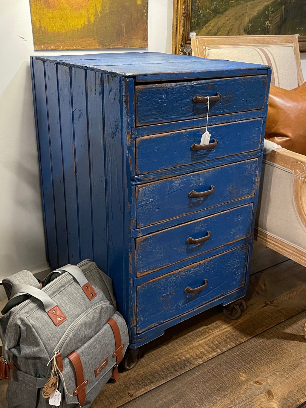 Vintage Distressed Blue 5-Drawer Apothecary Cabinet on Casters – Furniture by The Olde 1840