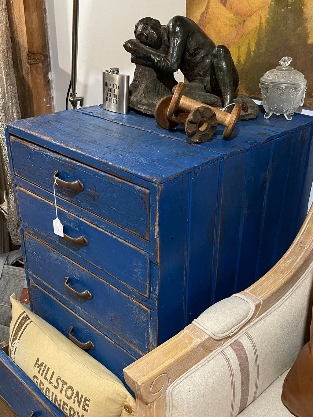 Vintage Distressed Blue 5-Drawer Apothecary Cabinet on Casters – Furniture by The Olde 1840