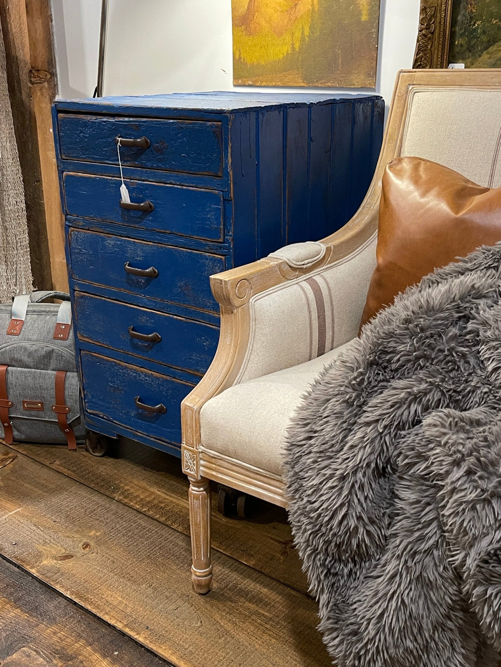 Vintage Distressed Blue 5-Drawer Apothecary Cabinet on Casters – Furniture by The Olde 1840