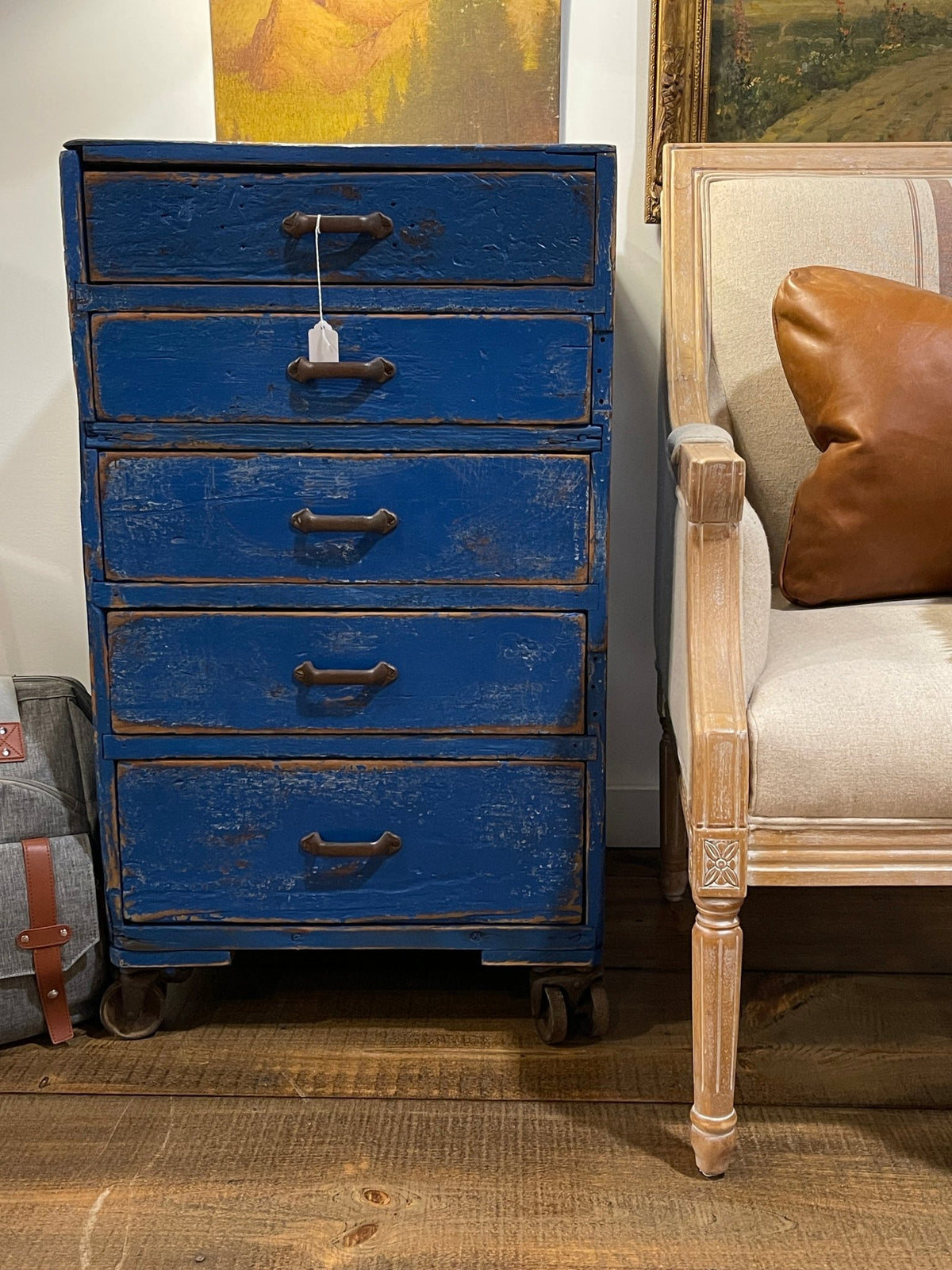 Vintage Distressed Blue 5-Drawer Apothecary Cabinet on Casters – Furniture by The Olde 1840