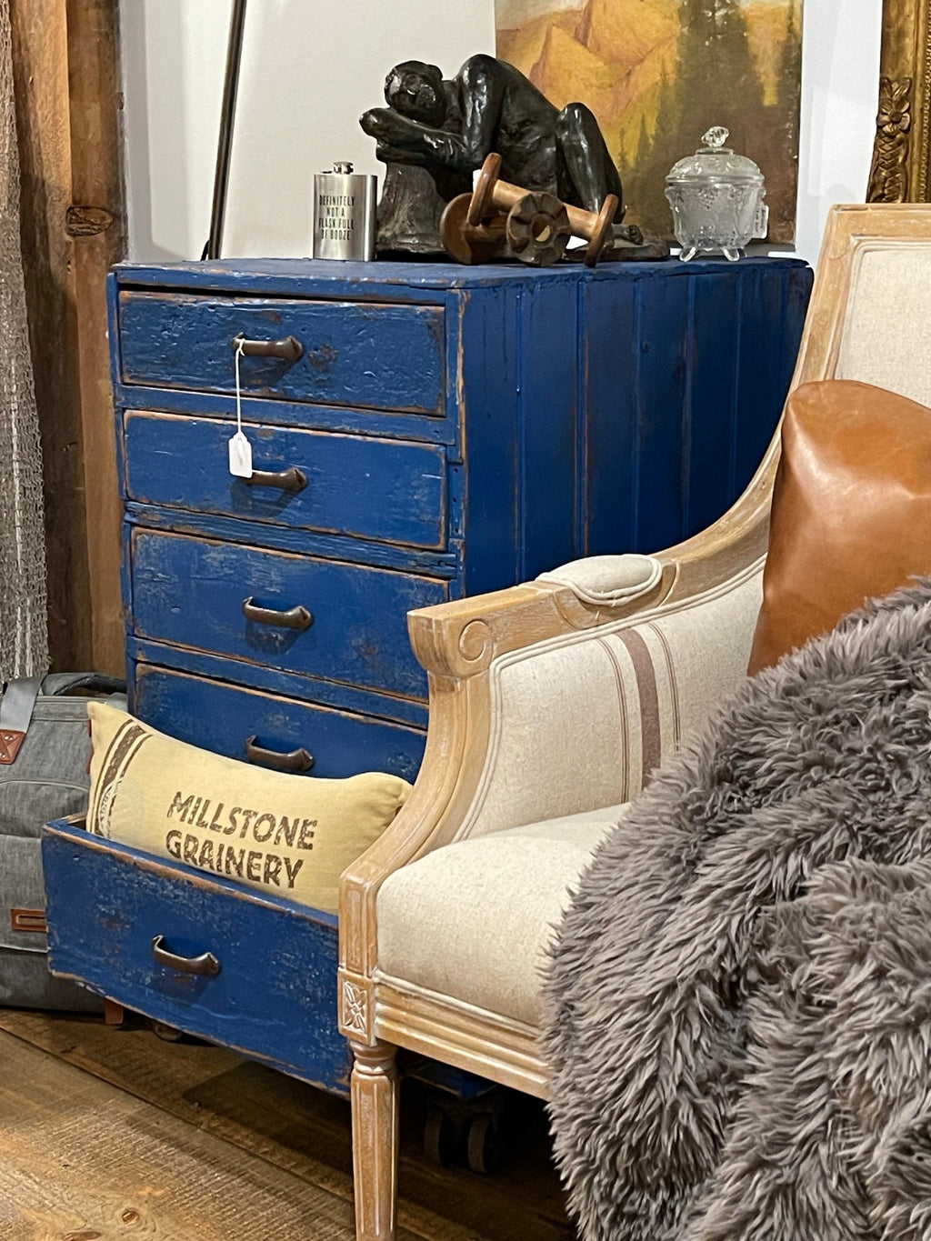 Vintage Distressed Blue 5-Drawer Apothecary Cabinet on Casters – Furniture by The Olde 1840