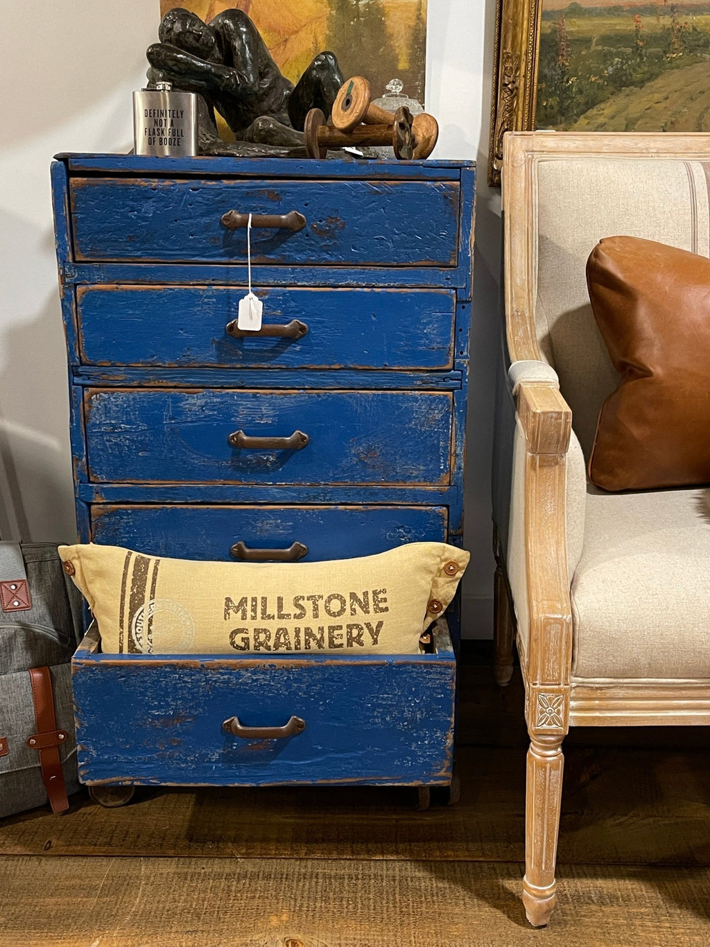 Vintage Distressed Blue 5-Drawer Apothecary Cabinet on Casters – Furniture by The Olde 1840