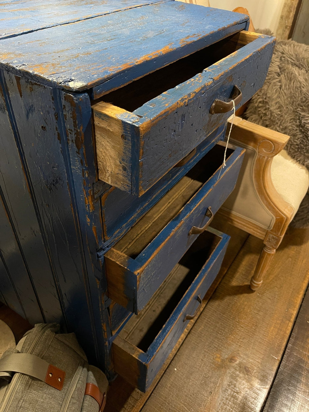 Vintage Distressed Blue 5-Drawer Apothecary Cabinet on Casters – Furniture by The Olde 1840