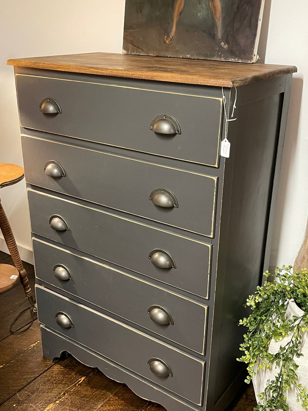 Vintage Farmhouse 5-Drawer Dresser – Hand-Painted Ash Grey Charcoal Chest – Furniture by The Olde 1840