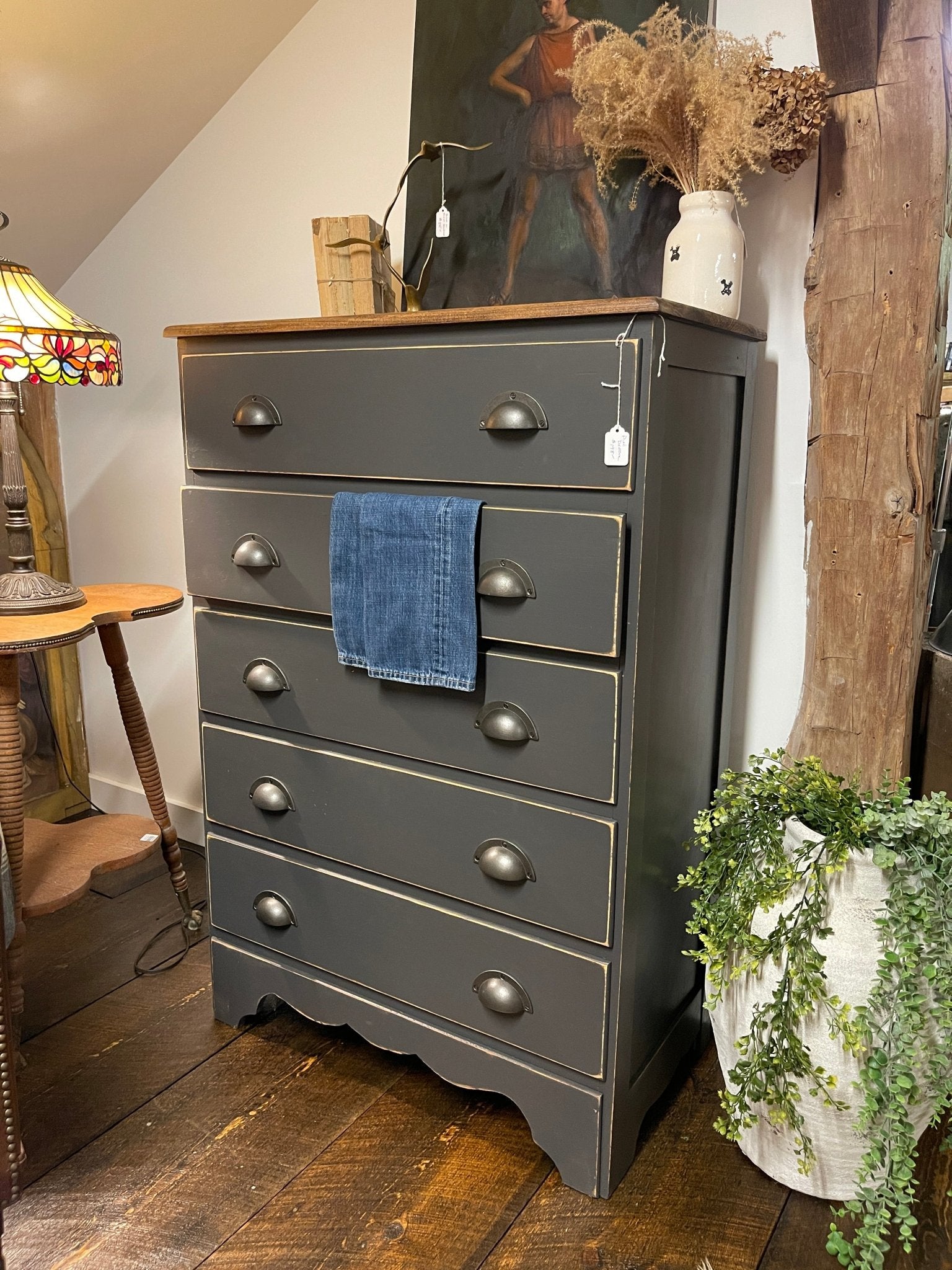 Vintage Farmhouse 5-Drawer Dresser – Hand-Painted Ash Grey Charcoal Chest – Furniture by The Olde 1840