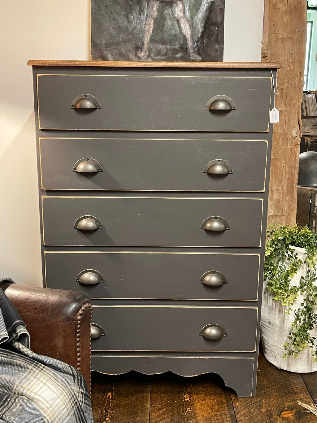 Vintage Farmhouse 5-Drawer Dresser – Hand-Painted Ash Grey Charcoal Chest – Furniture by The Olde 1840