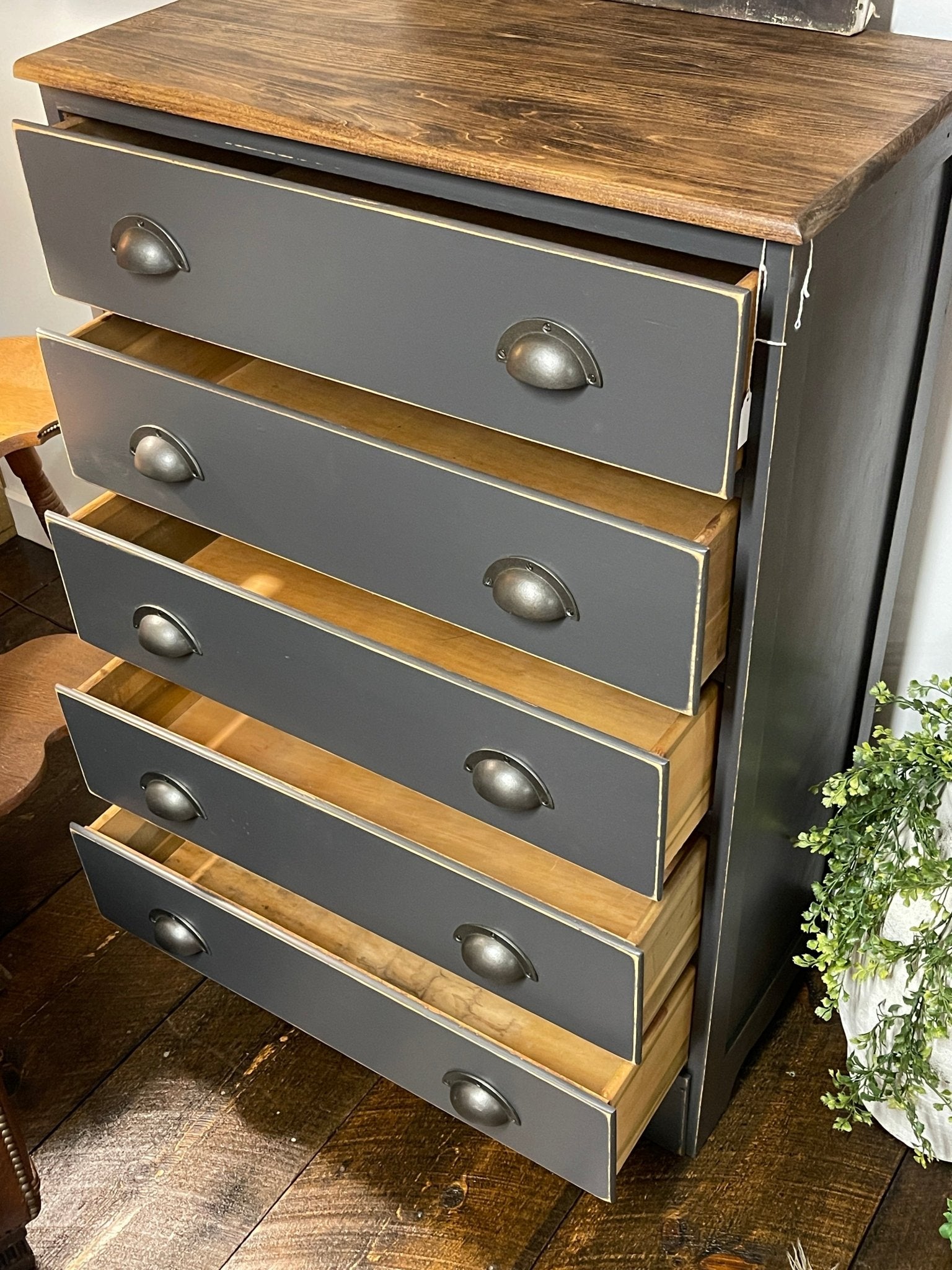 Vintage Farmhouse 5-Drawer Dresser – Hand-Painted Ash Grey Charcoal Chest – Furniture by The Olde 1840