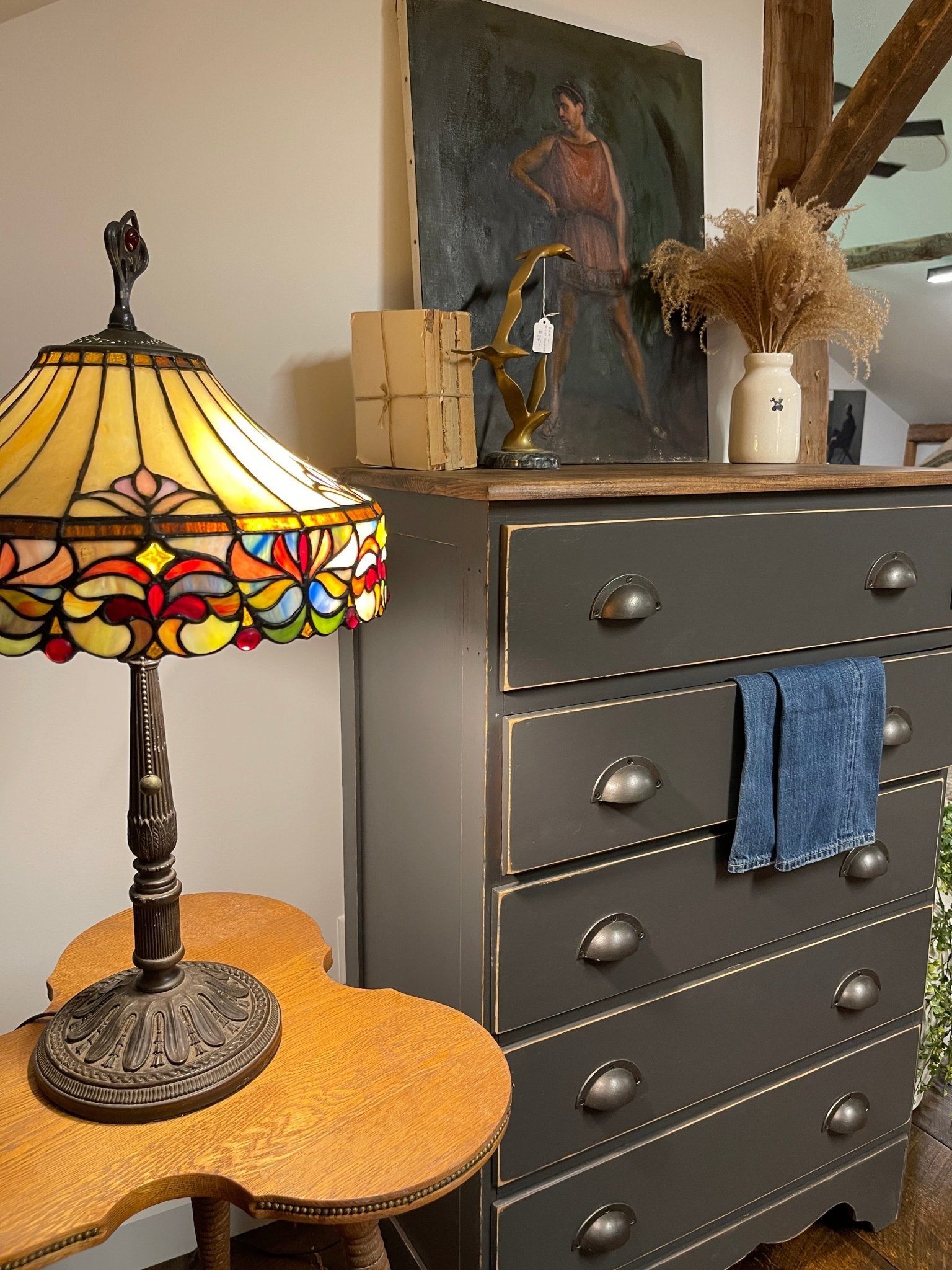 Vintage Farmhouse 5-Drawer Dresser – Hand-Painted Ash Grey Charcoal Chest – Furniture by The Olde 1840