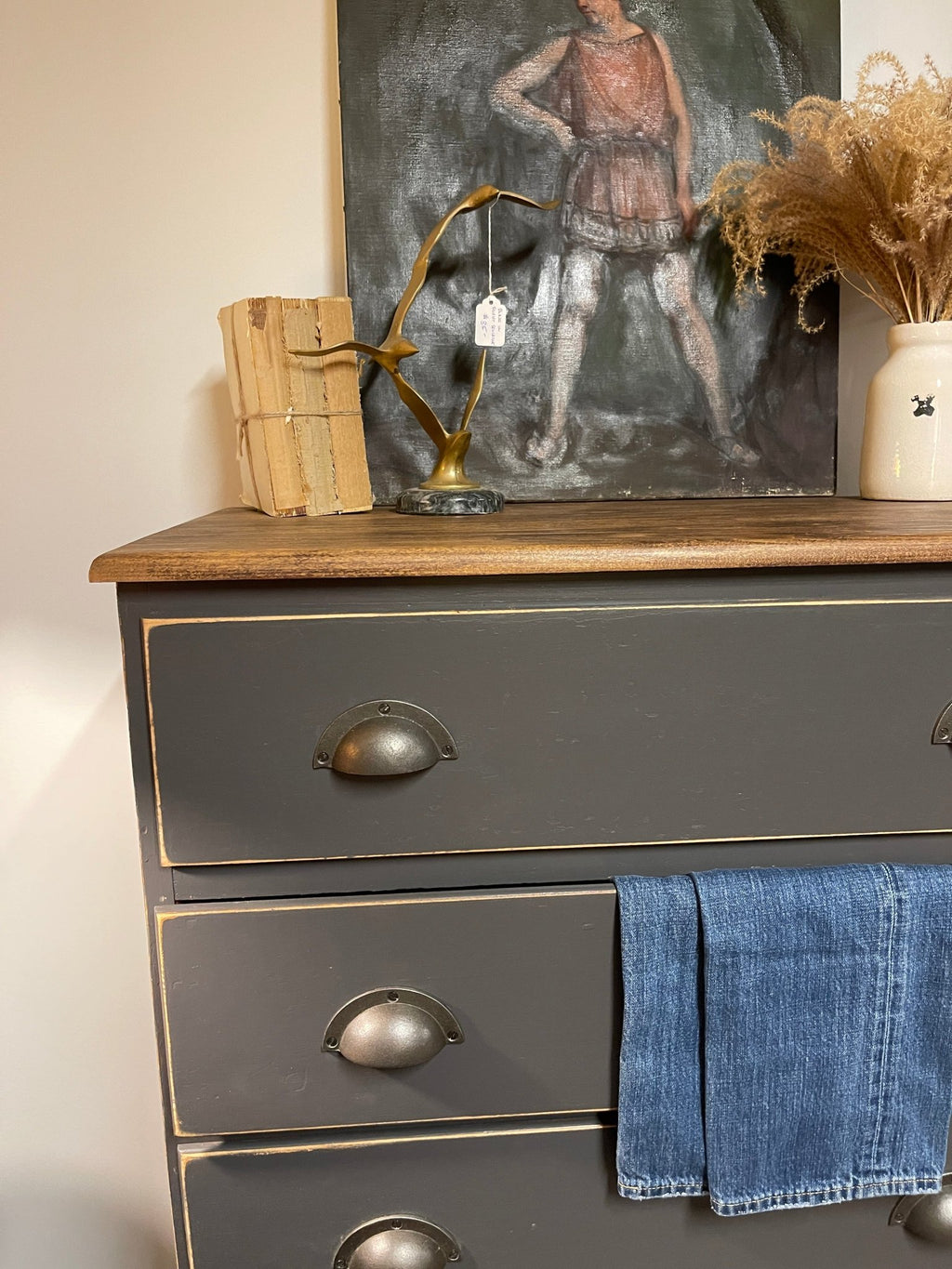 Vintage Farmhouse 5-Drawer Dresser – Hand-Painted Ash Grey Charcoal Chest – Furniture by The Olde 1840