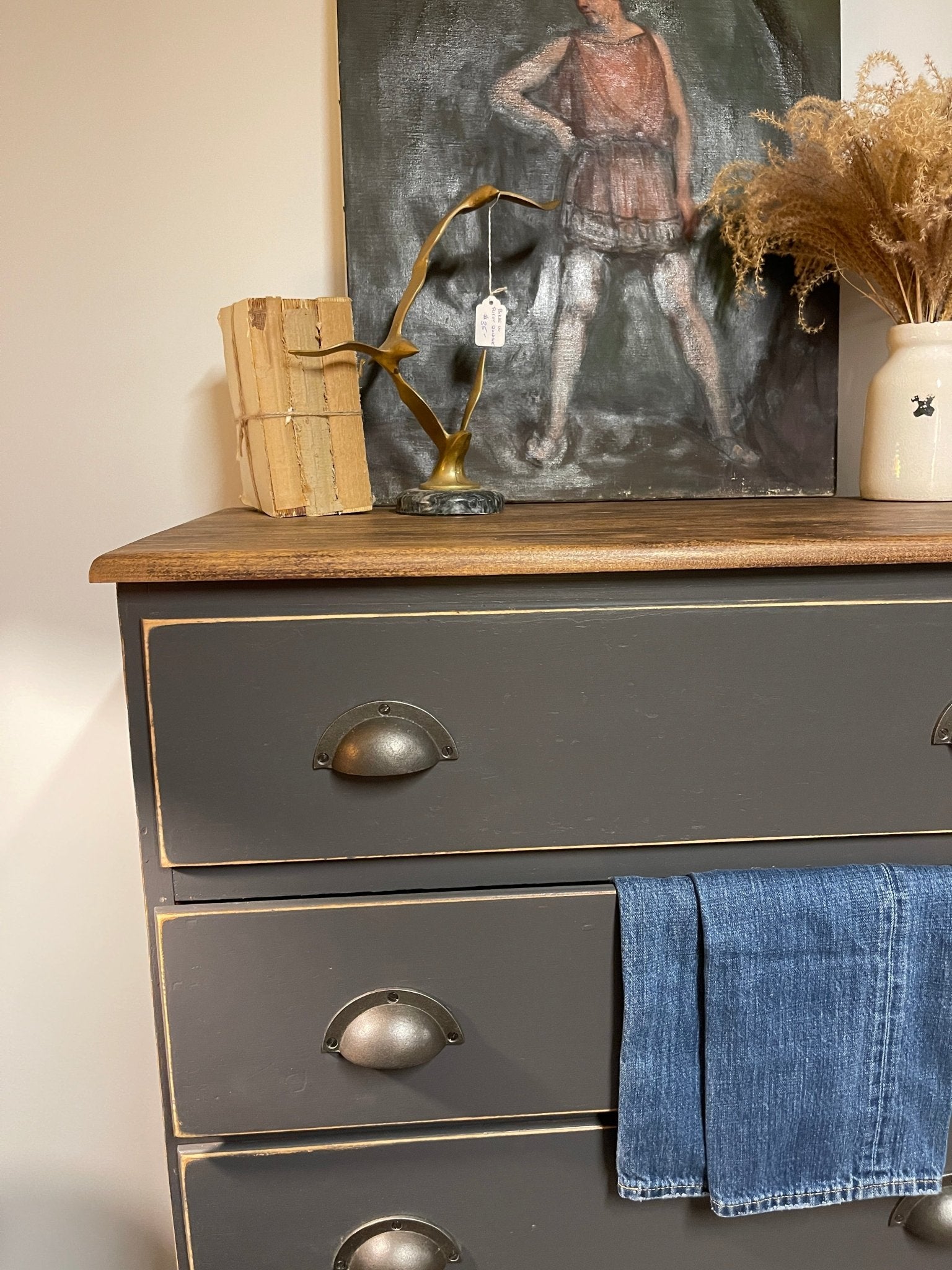 Vintage Farmhouse 5-Drawer Dresser – Hand-Painted Ash Grey Charcoal Chest – Furniture by The Olde 1840