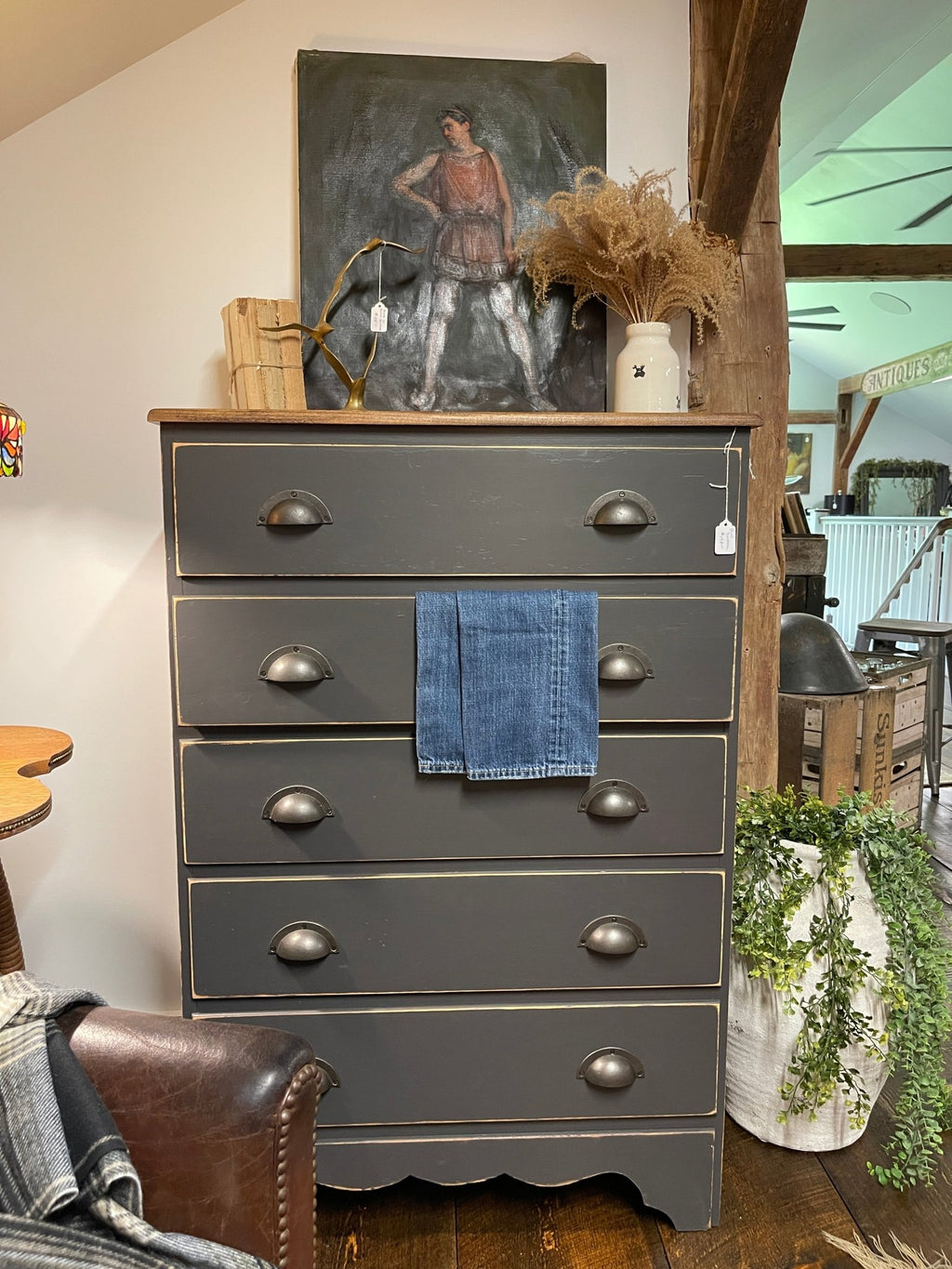 Vintage Farmhouse 5-Drawer Dresser – Hand-Painted Ash Grey Charcoal Chest – Furniture by The Olde 1840