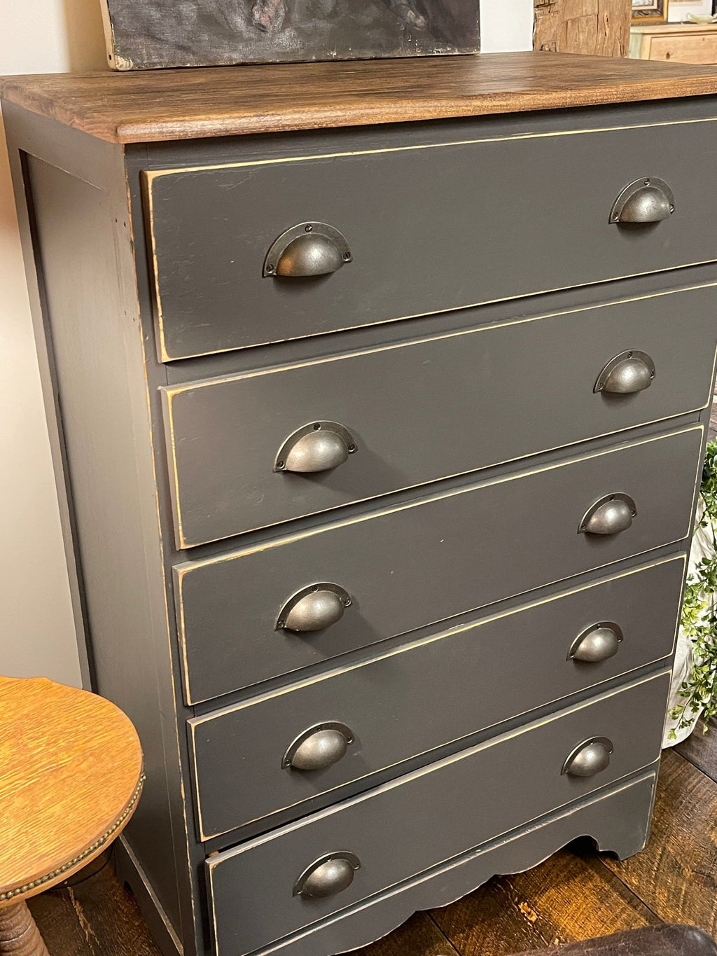Vintage Farmhouse 5-Drawer Dresser – Hand-Painted Ash Grey Charcoal Chest – Furniture by The Olde 1840
