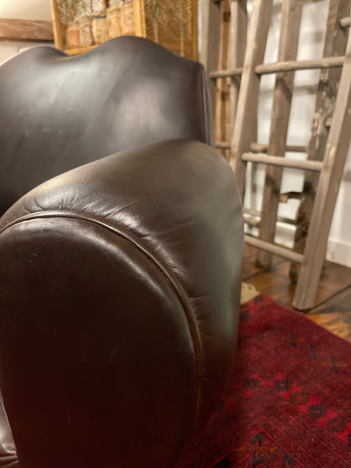 Vintage Leather Club Chair & Matching Ottoman Set – Mustache Style – Furniture by The Olde 1840