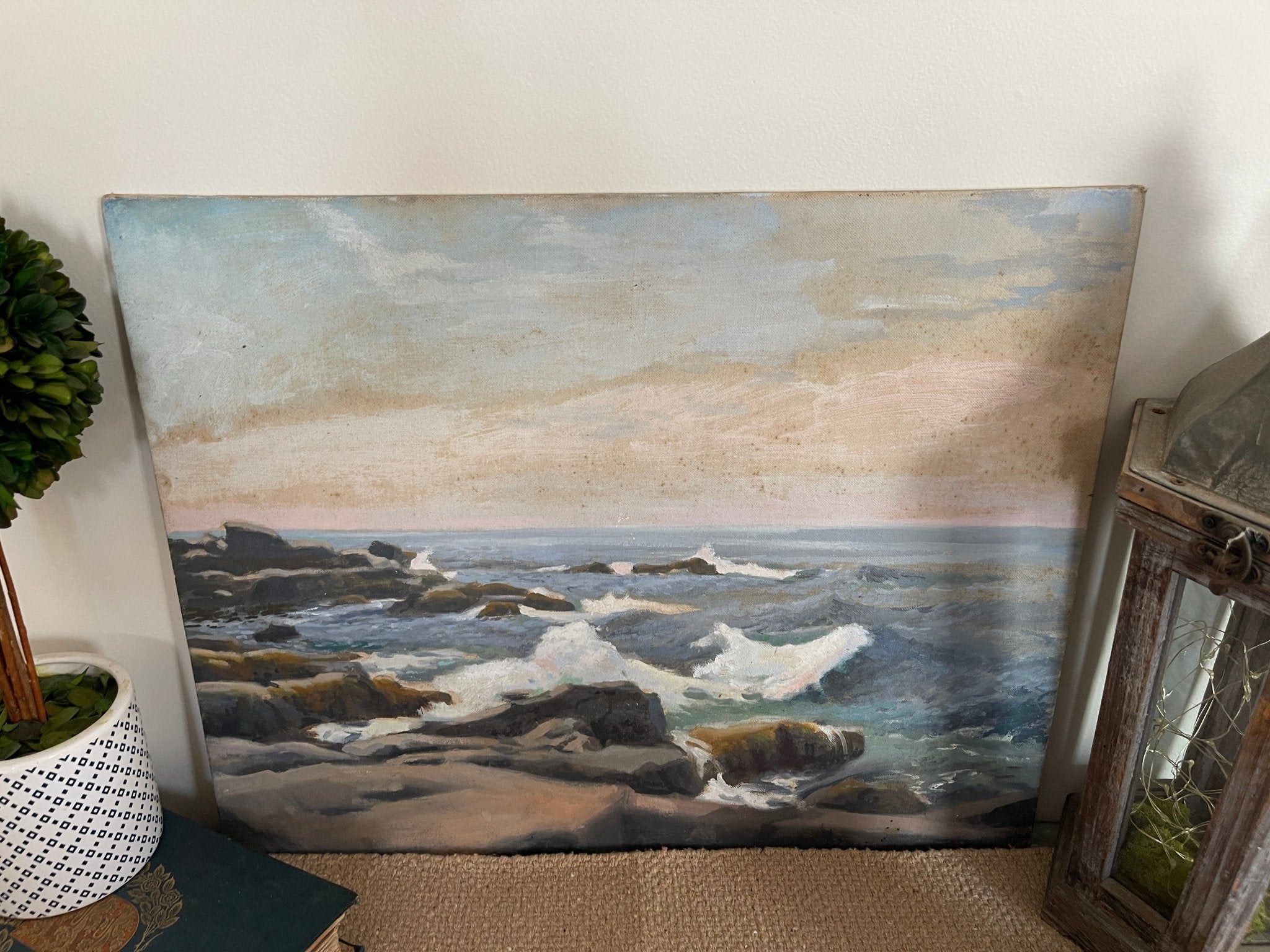 Vintage Original Seascape Oil Painting | Rocky Coastal Ocean Waves Art | Unsigned Canvas on Board – Wall Décor by The Olde 1840