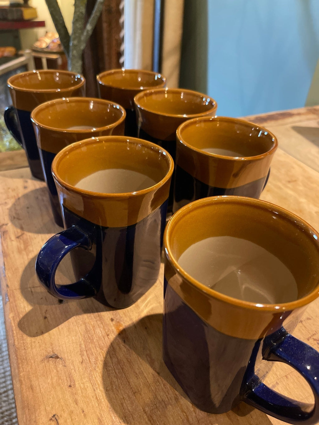 Vintage Royal Norfolk Stoneware Coffee Mugs Cobalt Blue Brown Rim Two-Tone Square Base 14oz Cups – Kitchen & Dining by The Olde 1840