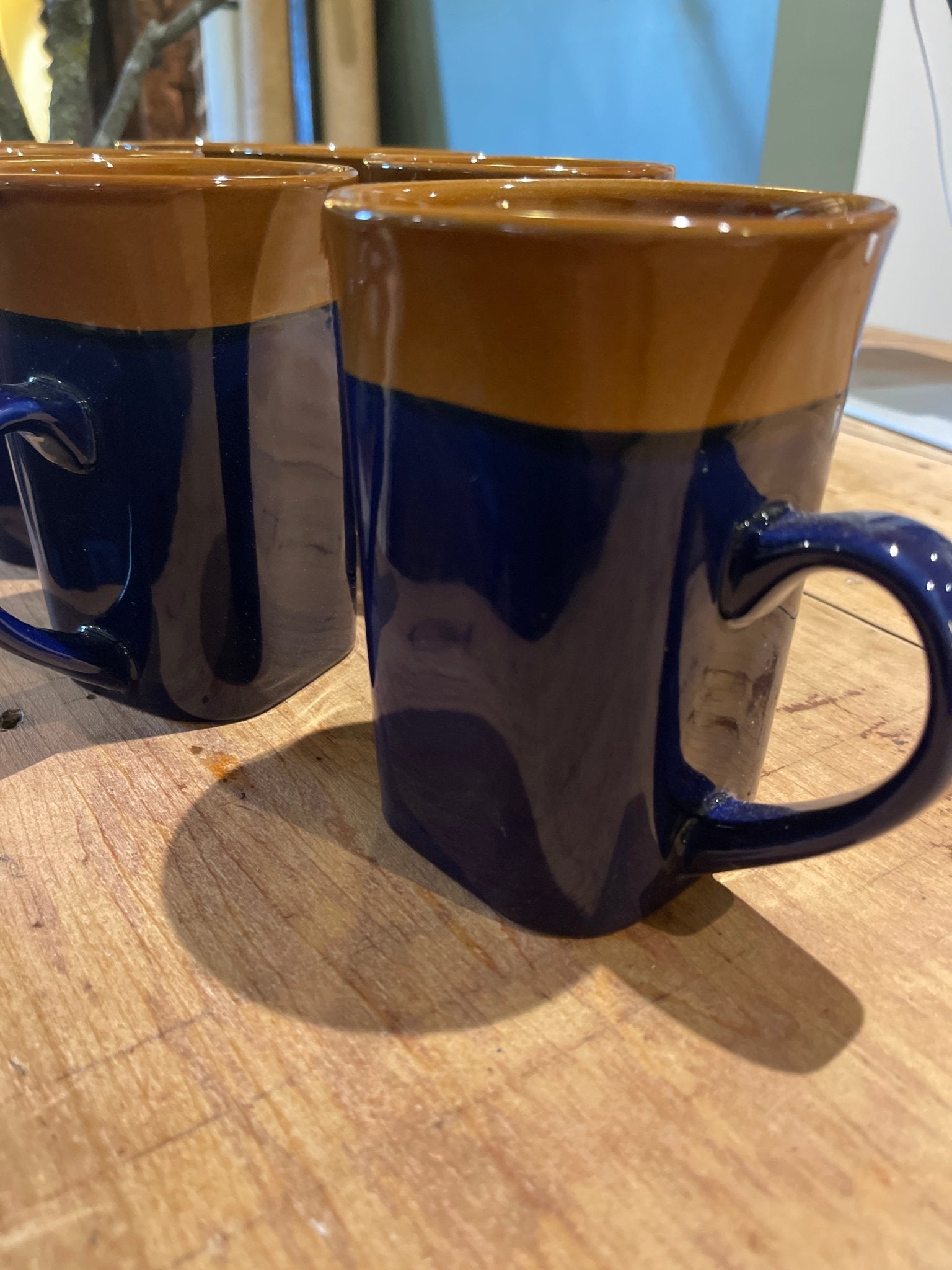 Vintage Royal Norfolk Stoneware Coffee Mugs Cobalt Blue Brown Rim Two-Tone Square Base 14oz Cups – Kitchen & Dining by The Olde 1840