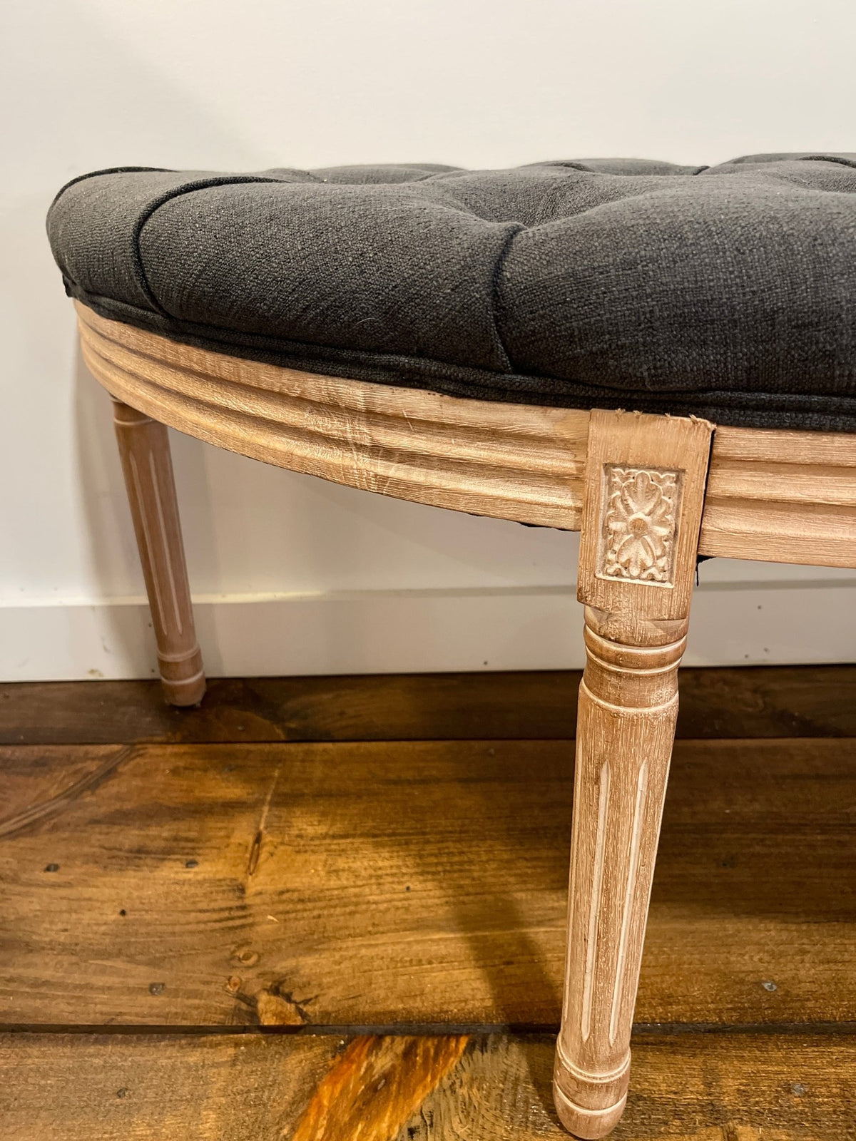 Vintage-Style Tufted Charcoal Upholstered Bench with Carved Wood Frame | French Country & Modern Farmhouse – Furniture by The Olde 1840
