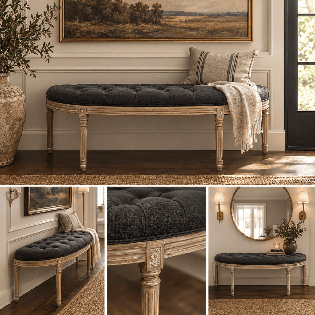 Vintage-Style Tufted Charcoal Upholstered Bench with Carved Wood Frame | French Country & Modern Farmhouse – Furniture by The Olde 1840