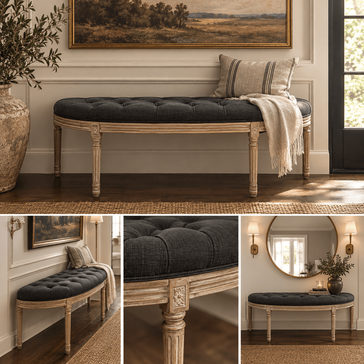 Vintage-Style Tufted Charcoal Upholstered Bench with Carved Wood Frame | French Country & Modern Farmhouse – Furniture by The Olde 1840