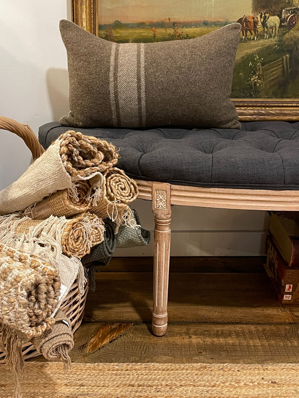 Vintage-Style Tufted Charcoal Upholstered Bench with Carved Wood Frame | French Country & Modern Farmhouse – Furniture by The Olde 1840