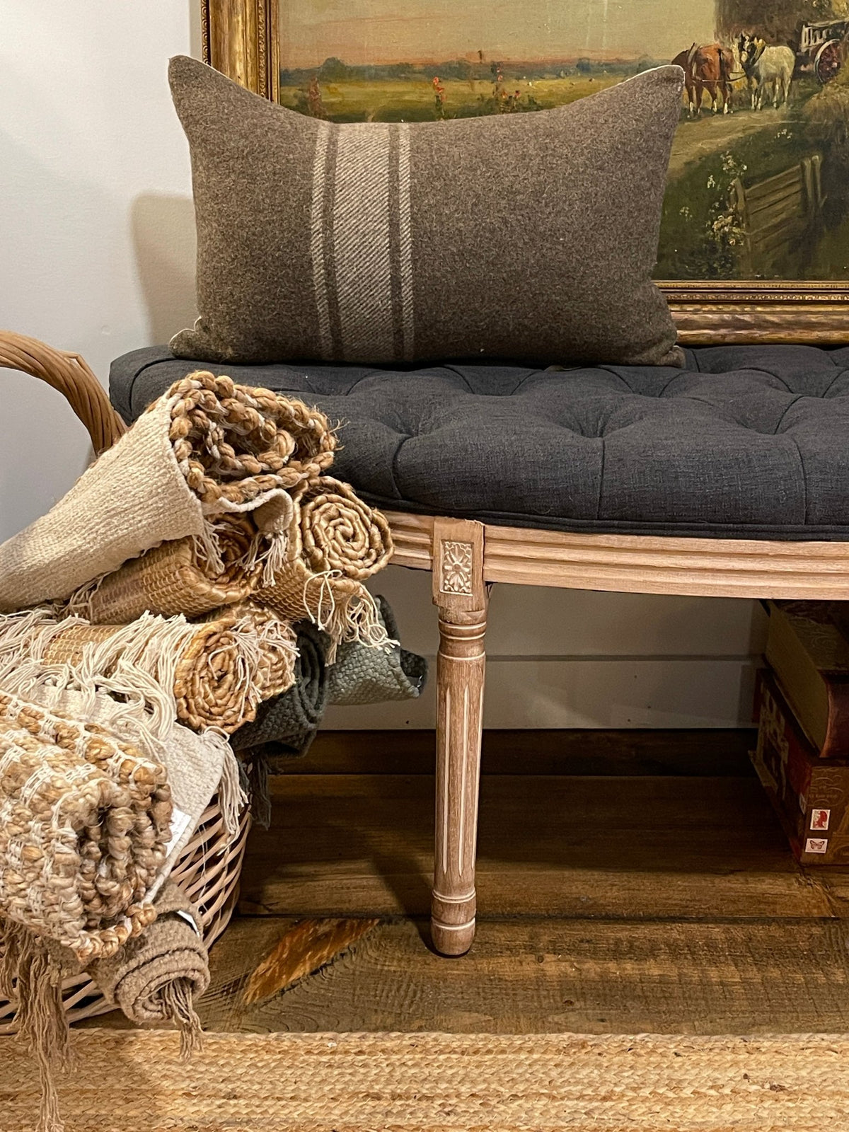 Vintage-Style Tufted Charcoal Upholstered Bench with Carved Wood Frame | French Country & Modern Farmhouse – Furniture by The Olde 1840