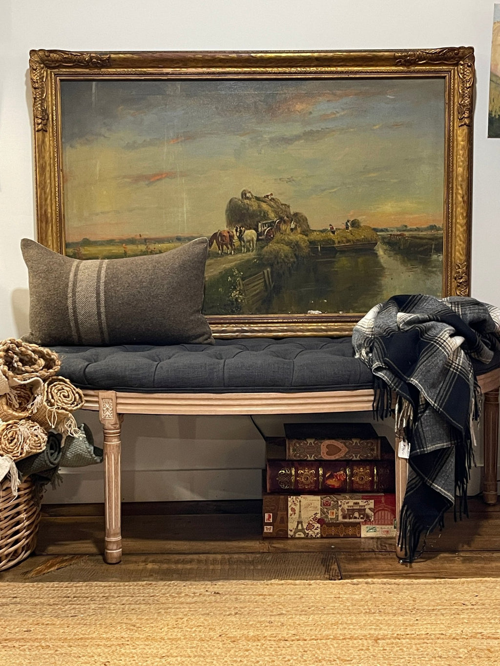 Vintage-Style Tufted Charcoal Upholstered Bench with Carved Wood Frame | French Country & Modern Farmhouse – Furniture by The Olde 1840