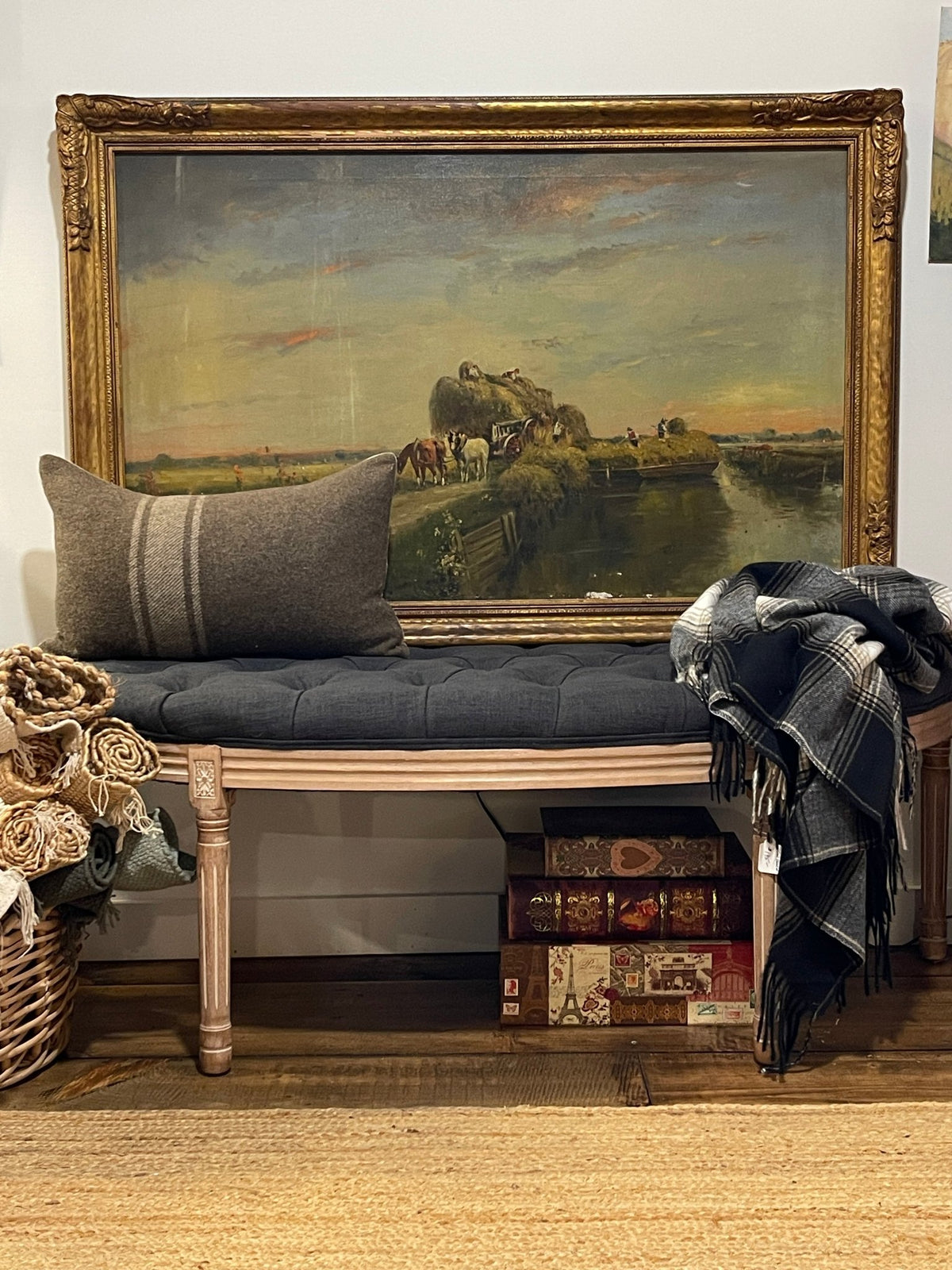 Vintage-Style Tufted Charcoal Upholstered Bench with Carved Wood Frame | French Country & Modern Farmhouse – Furniture by The Olde 1840